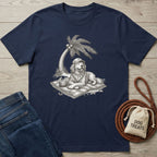 Navy blue crewneck t-shirt featuring a sketch of a dog in a hat relaxing on a beach towel under a palm tree.