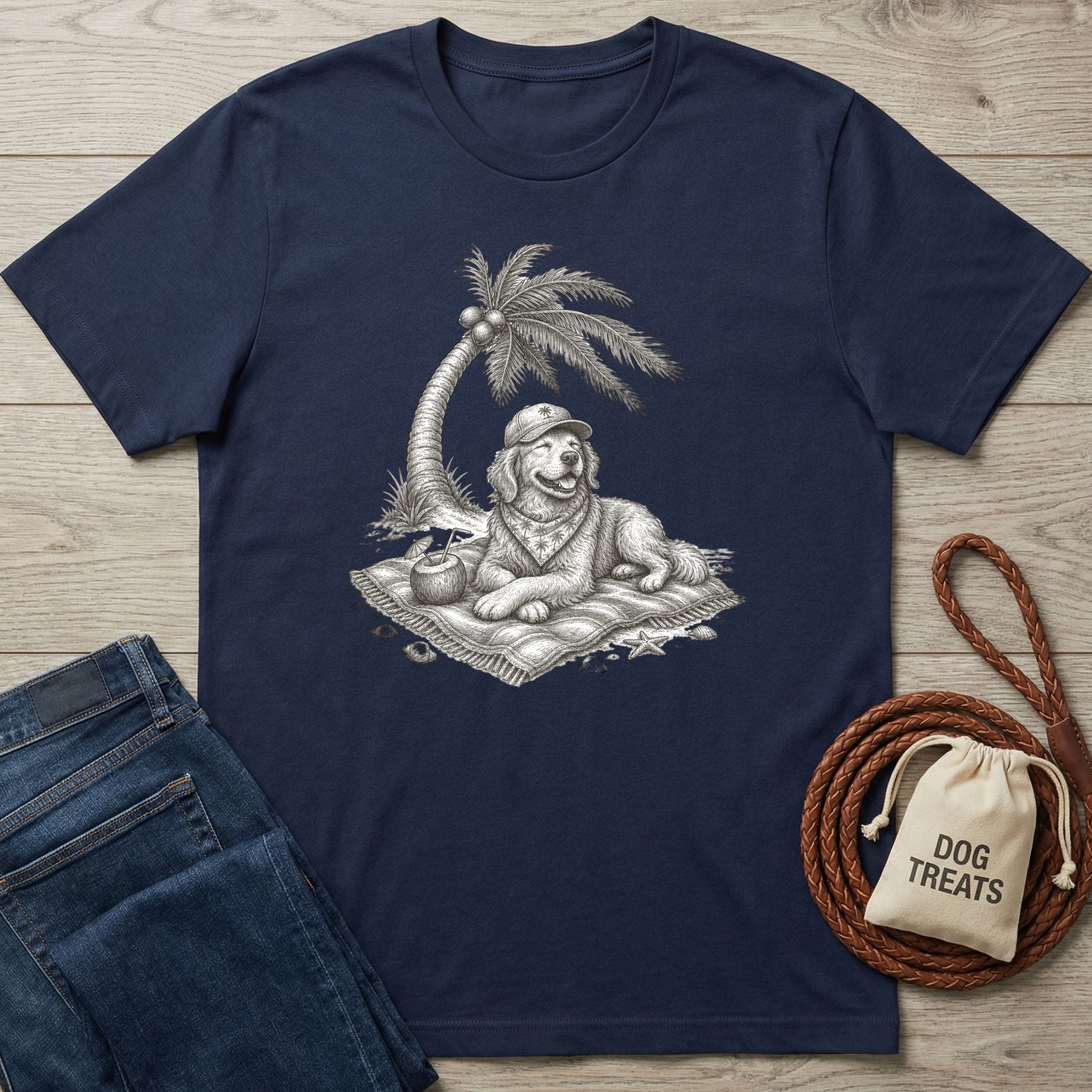 Navy blue crewneck t-shirt featuring a sketch of a dog in a hat relaxing on a beach towel under a palm tree.