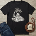 Black crewneck t-shirt featuring a graphic of a dog in a hat relaxing on a beach towel under a palm tree.