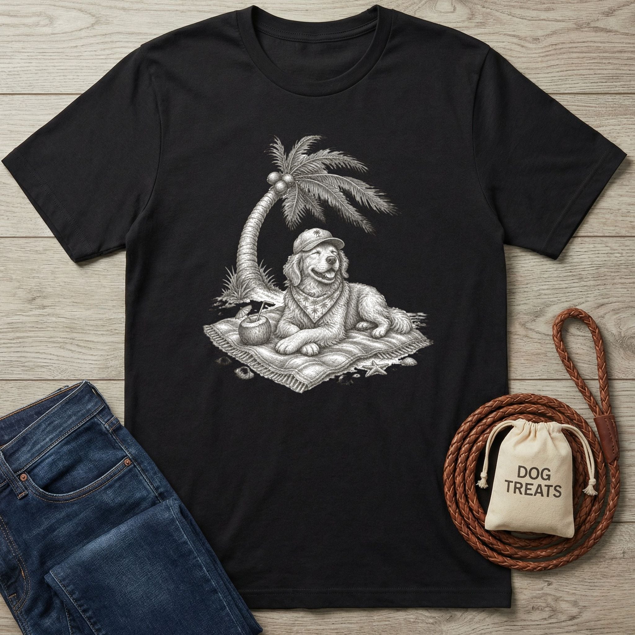Black crewneck t-shirt featuring a graphic of a dog in a hat relaxing on a beach towel under a palm tree.