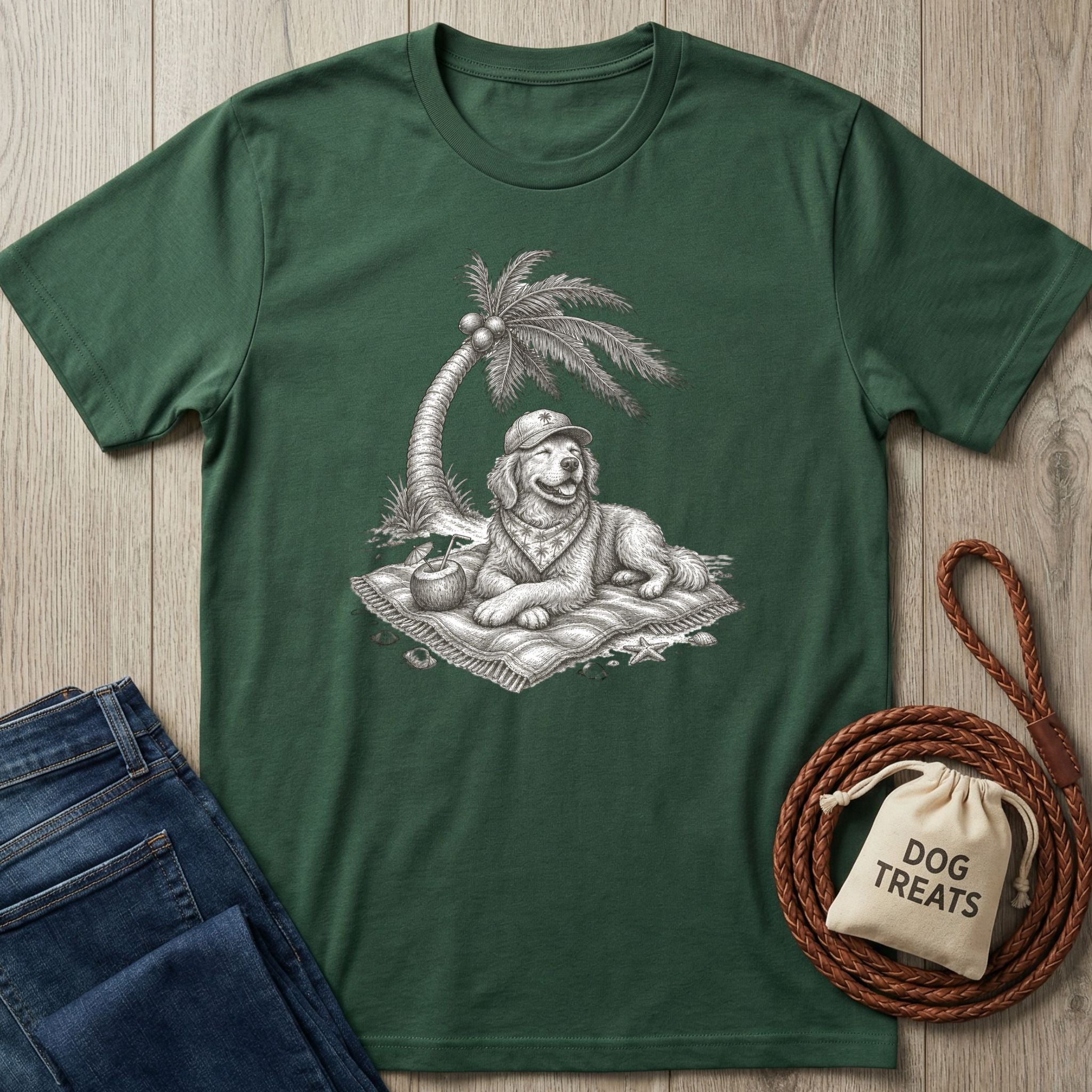Dark green crewneck t-shirt featuring a sketch of a dog in a hat relaxing on a beach towel under a palm tree.