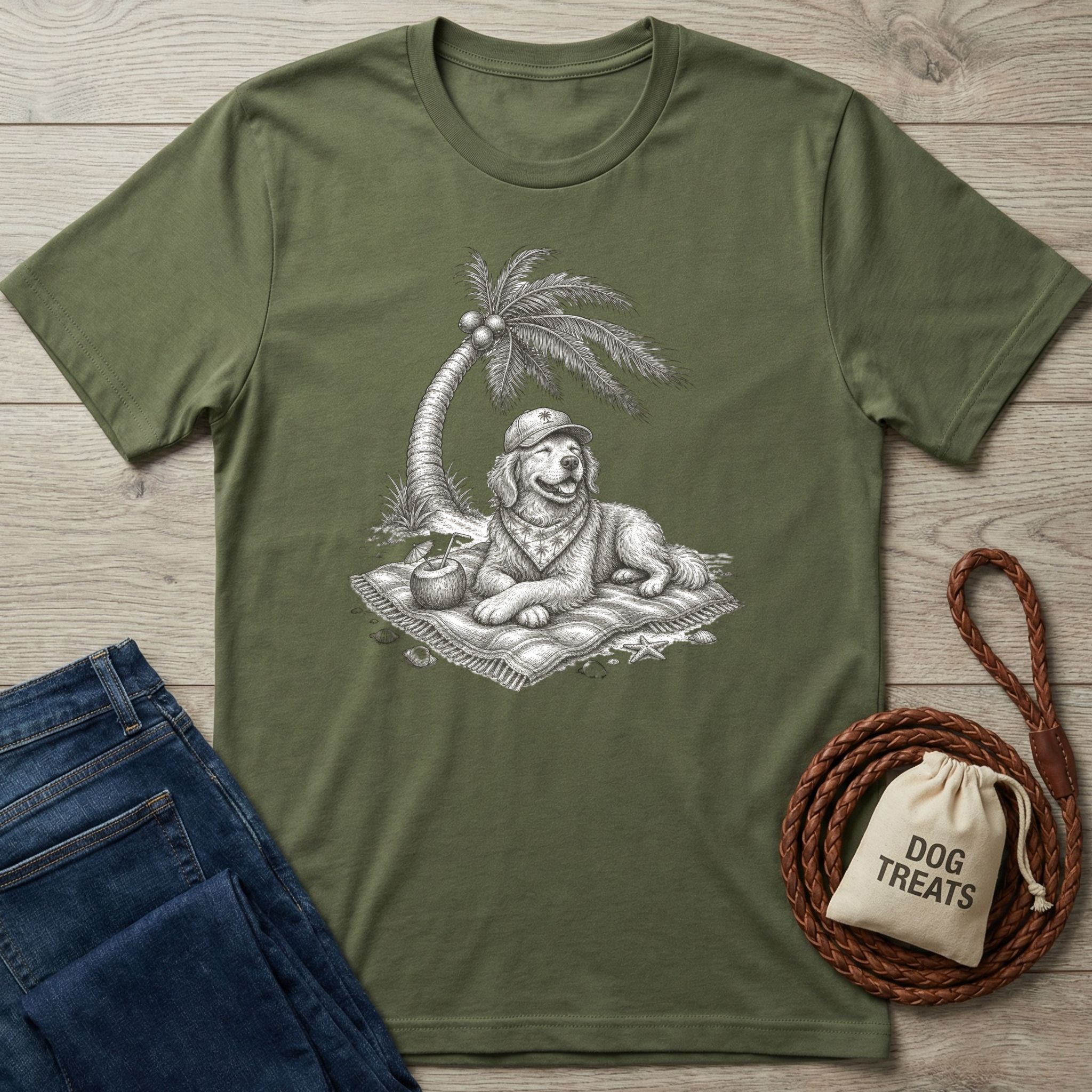Olive green crewneck t-shirt featuring a sketch of a dog in a hat relaxing on a beach towel under a palm tree.