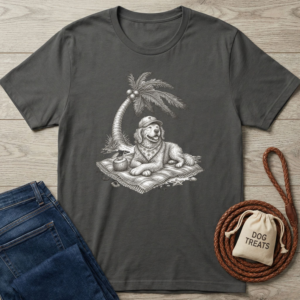 Charcoal gray crewneck t-shirt featuring a sketch of a dog in a hat and bandana relaxing on a beach towel under a palm tree.