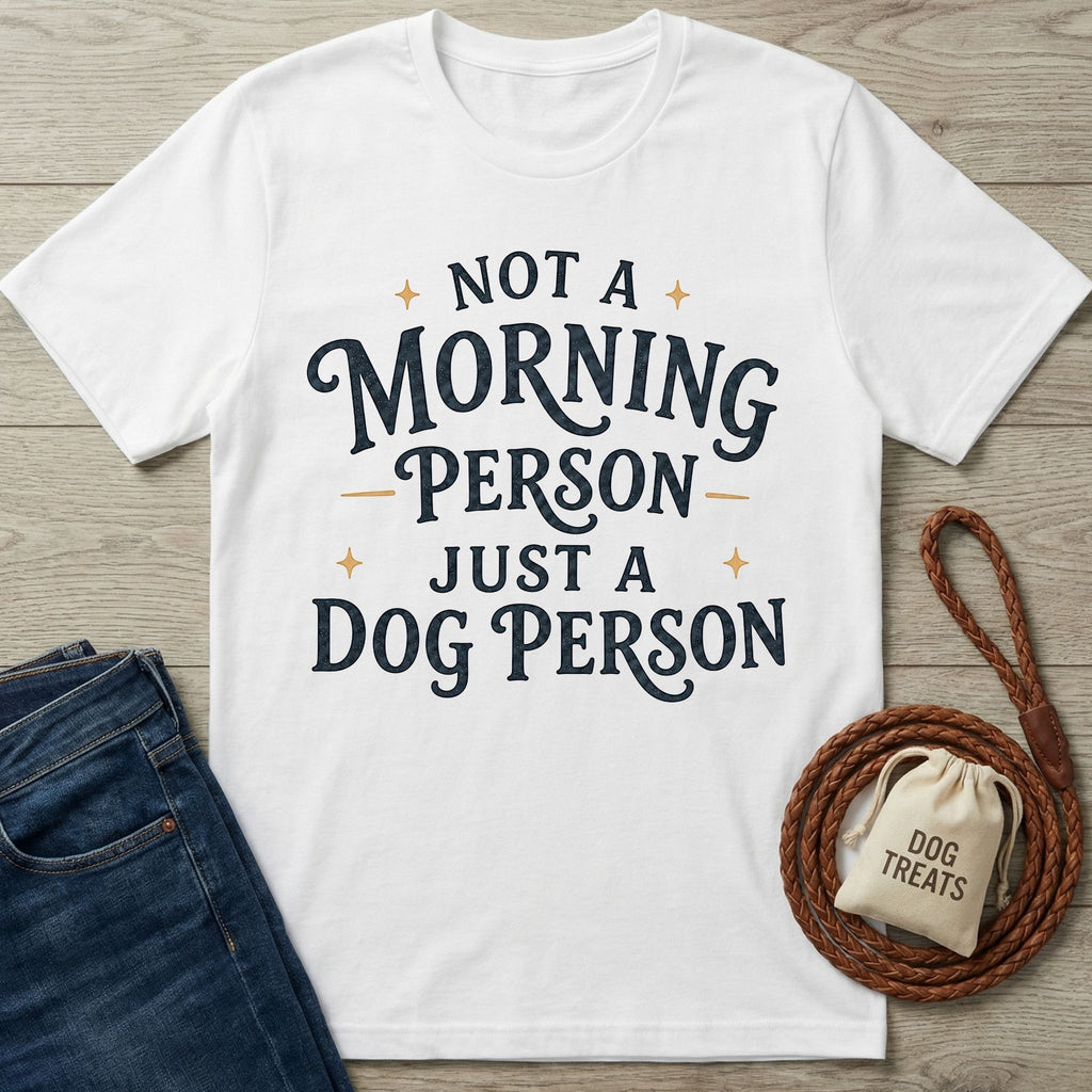 White cotton t-shirt featuring the black text Not a Morning Person Just a Dog Person with gold star accents.