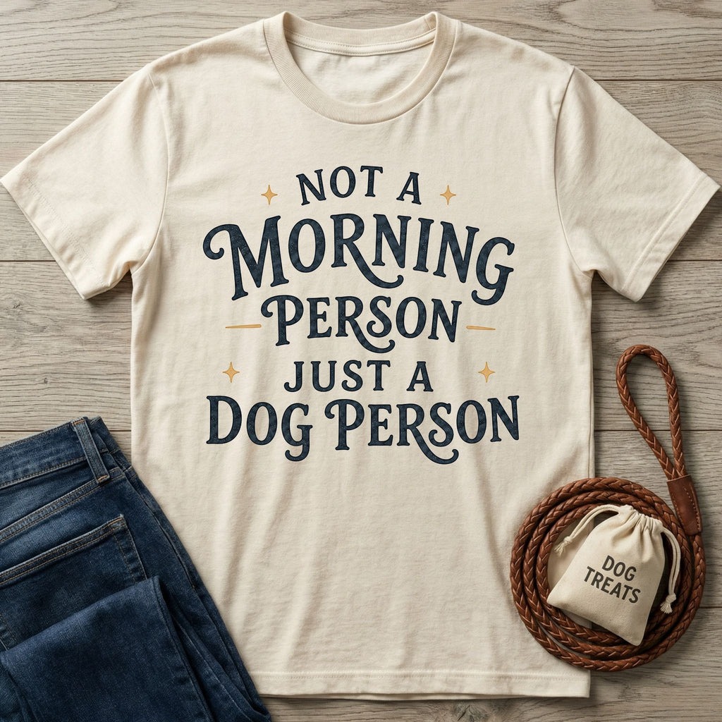 Cream-colored crew neck t-shirt featuring the text Not a Morning Person Just a Dog Person in dark blue vintage-style lettering.