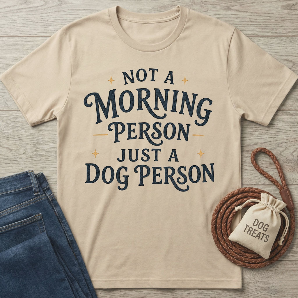 Beige crewneck t-shirt with dark blue "Not a morning person, just a dog person" text, styled with jeans and a dog treat bag.