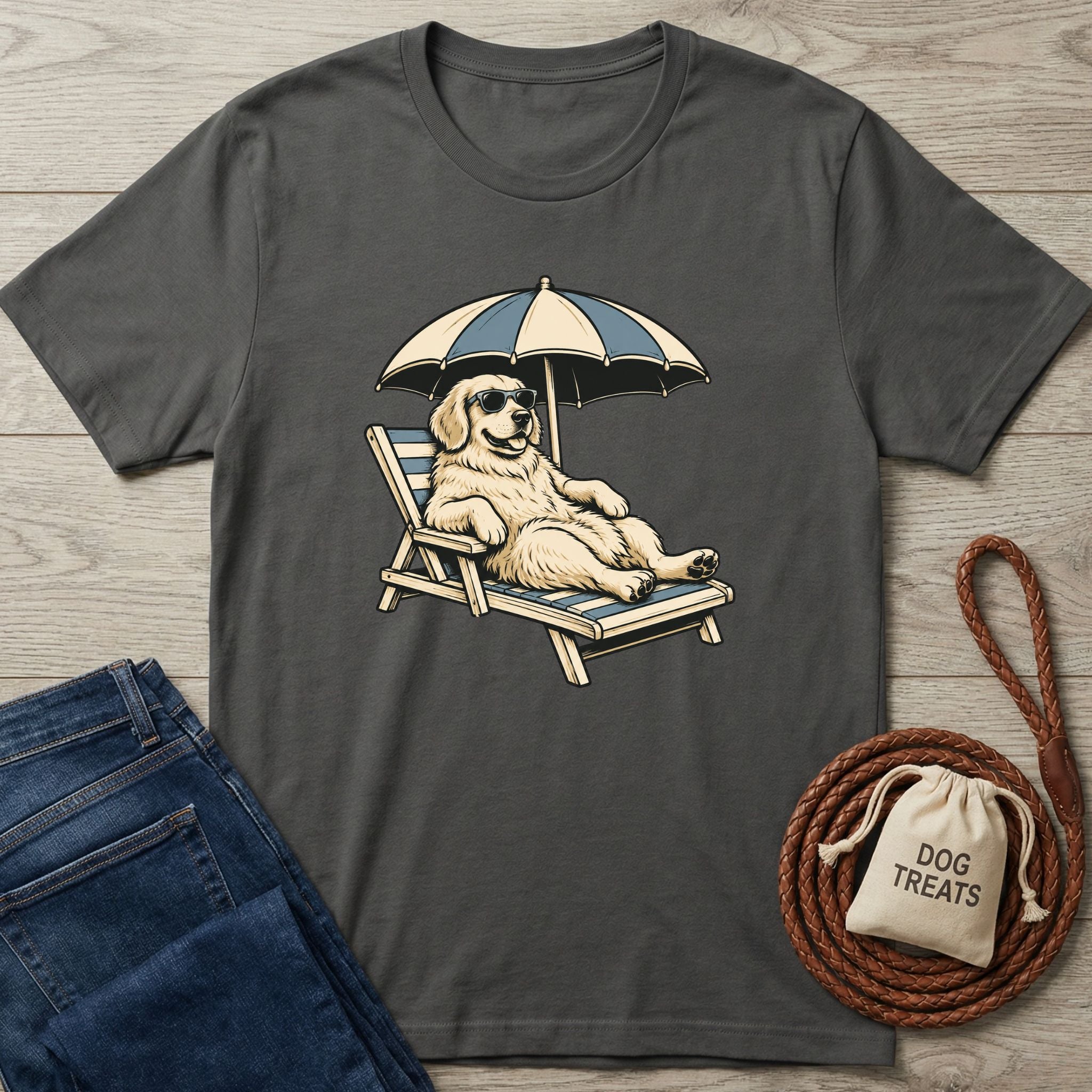 Charcoal grey cotton t-shirt featuring a Golden Retriever wearing sunglasses and relaxing on a beach chair under an umbrella.