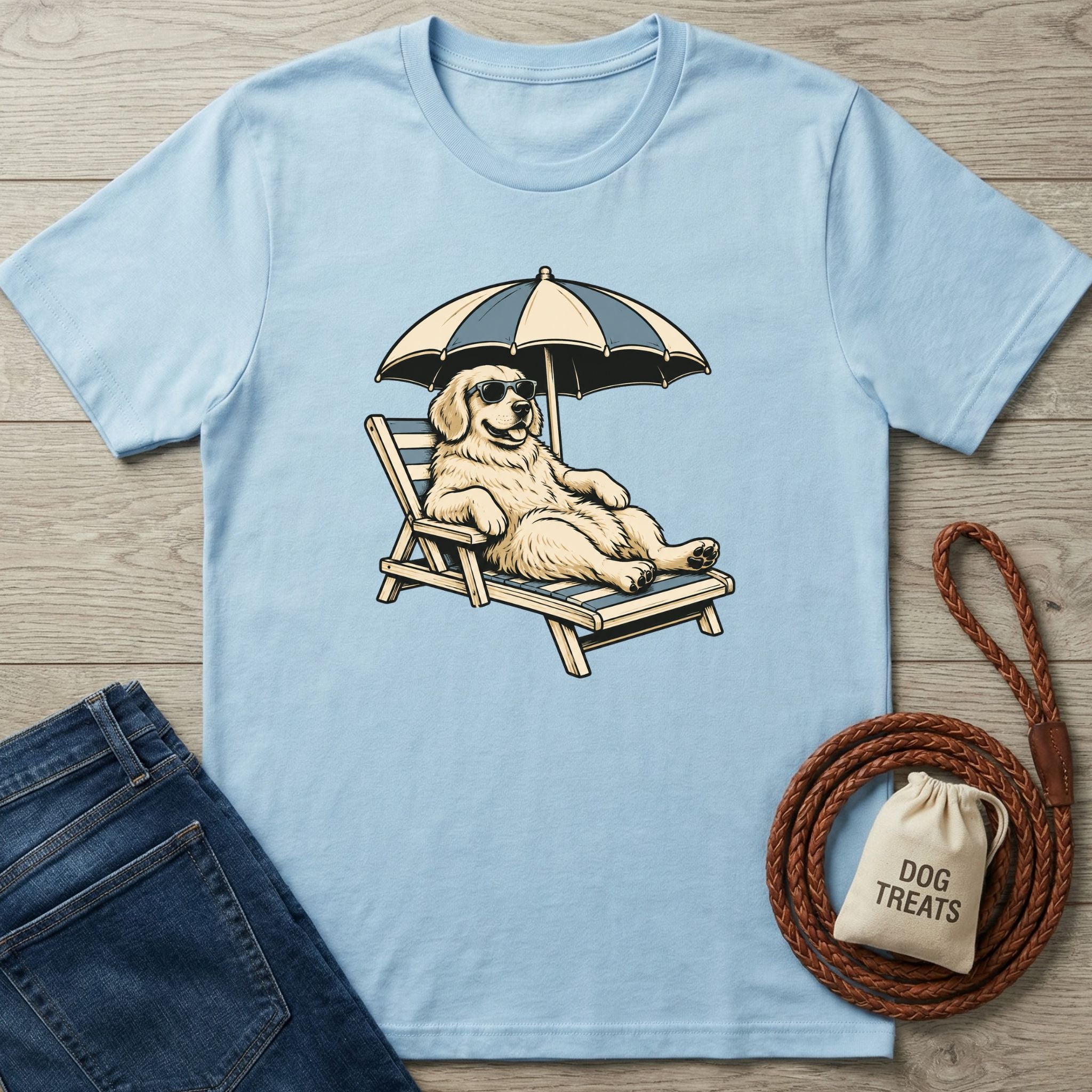 Light blue crewneck t-shirt featuring a Golden Retriever wearing sunglasses and relaxing on a beach chair under an umbrella.