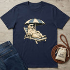 Navy blue crewneck T-shirt featuring a graphic of a Golden Retriever wearing sunglasses and lounging on a beach chair.