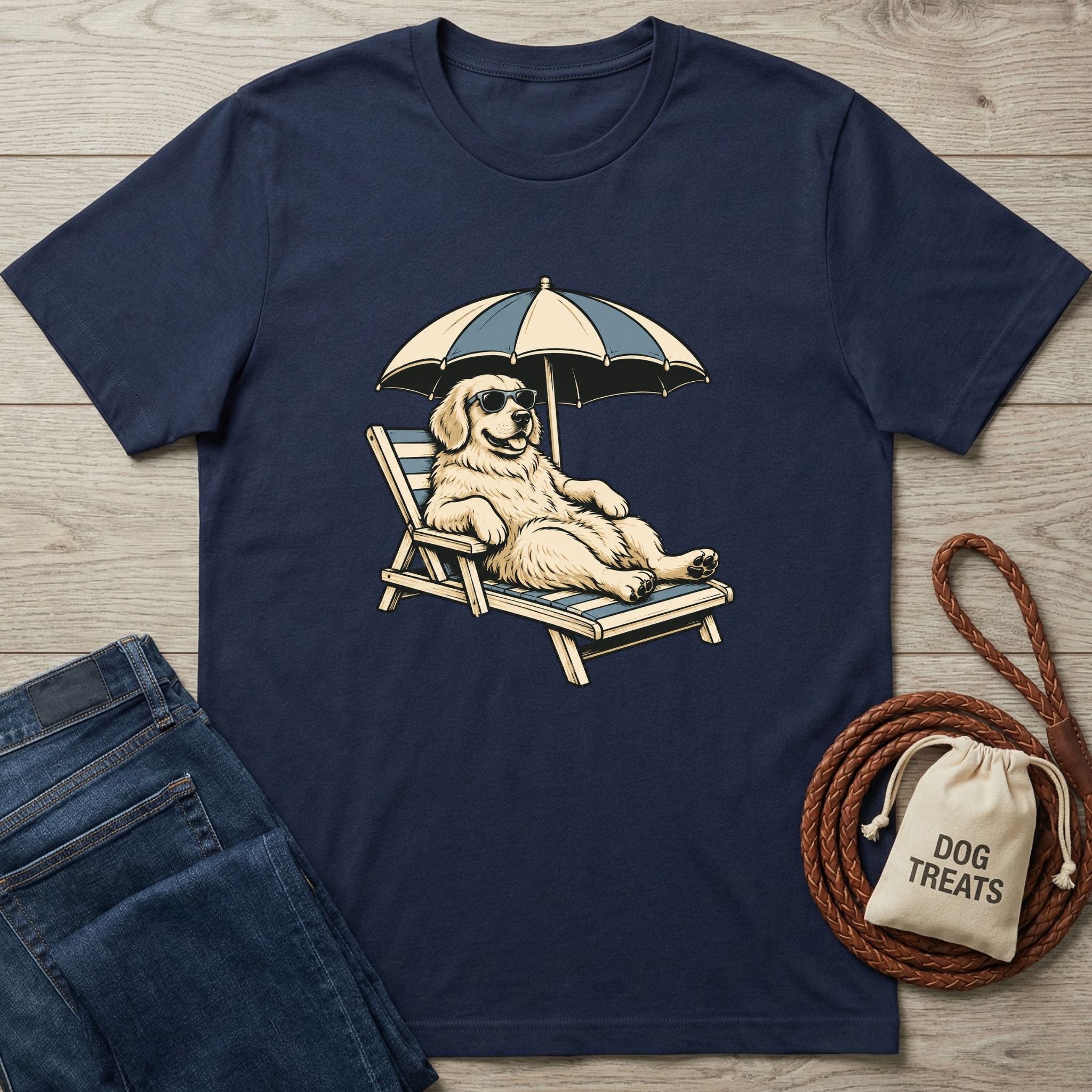 Navy blue crewneck T-shirt featuring a graphic of a Golden Retriever wearing sunglasses and lounging on a beach chair.