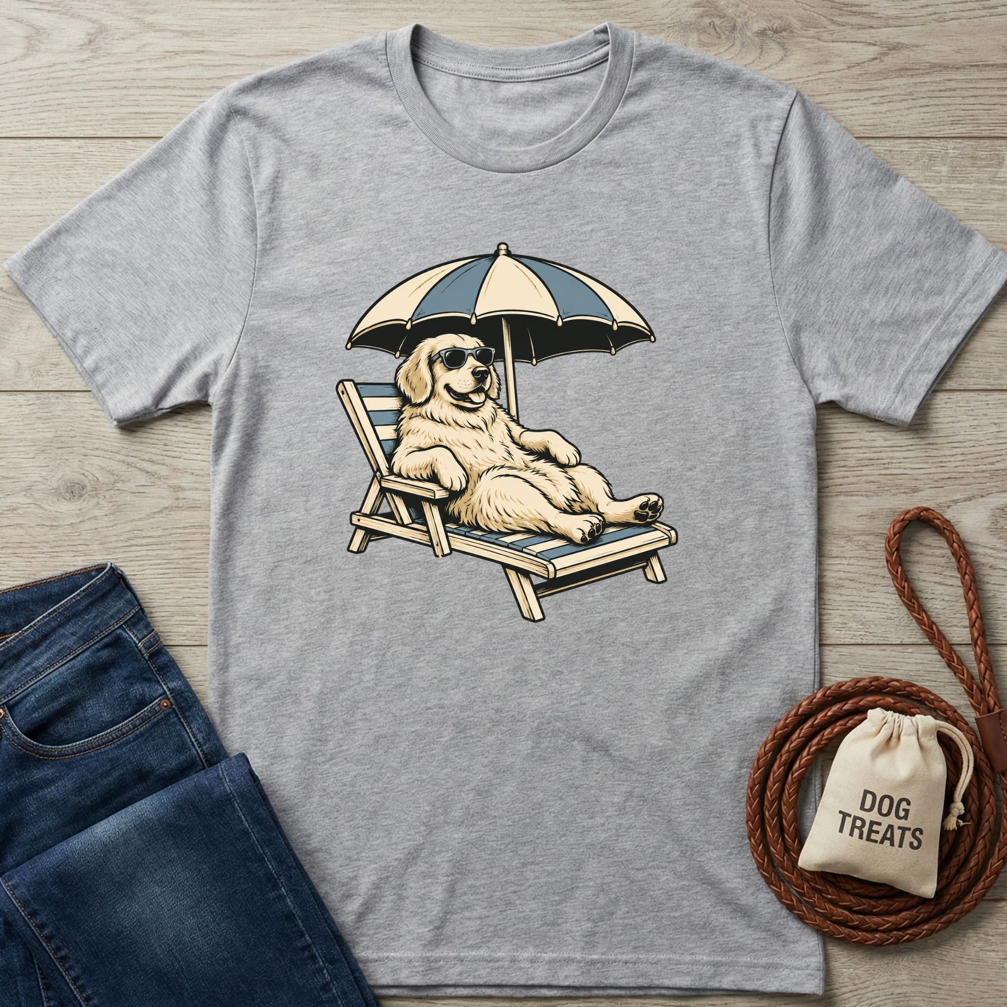 Grey crewneck t-shirt featuring a Golden Retriever wearing sunglasses and lounging on a beach chair under an umbrella.