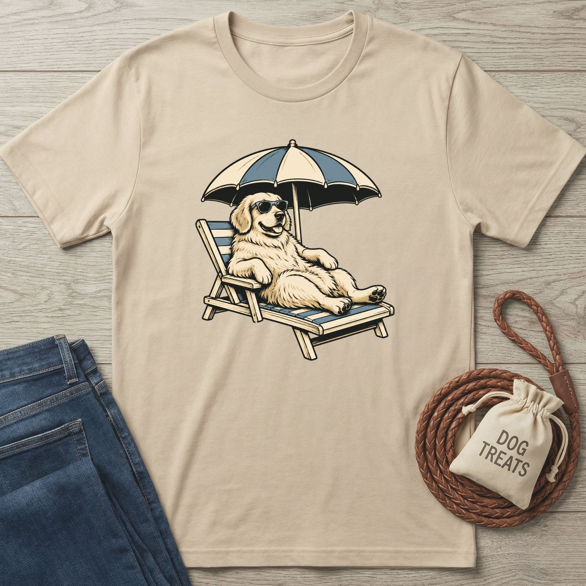 Beige crewneck t-shirt featuring a Golden Retriever wearing sunglasses and relaxing on a beach chair under an umbrella.
