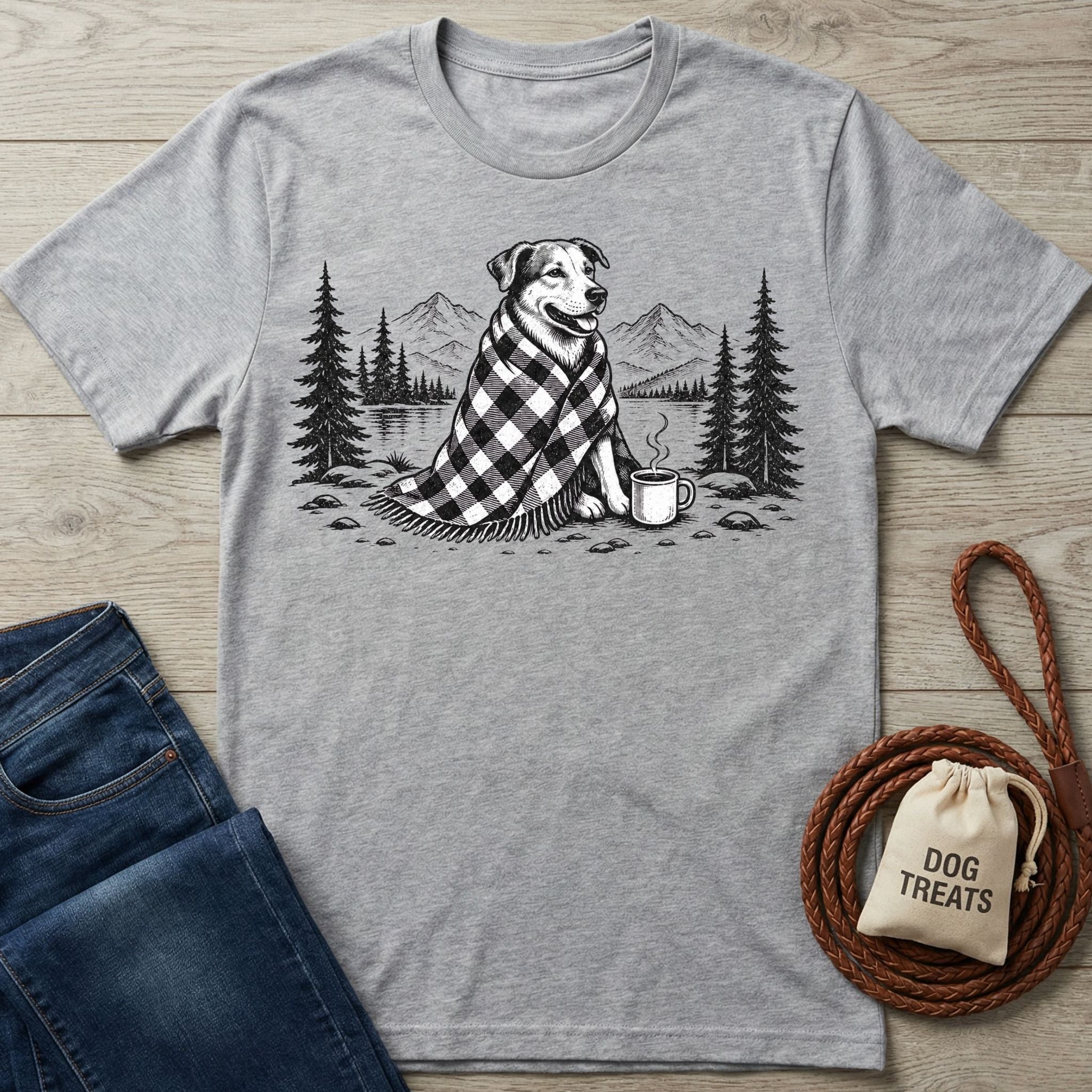 Grey crewneck t-shirt featuring a black and white illustration of a dog in a plaid blanket by a campfire with coffee.