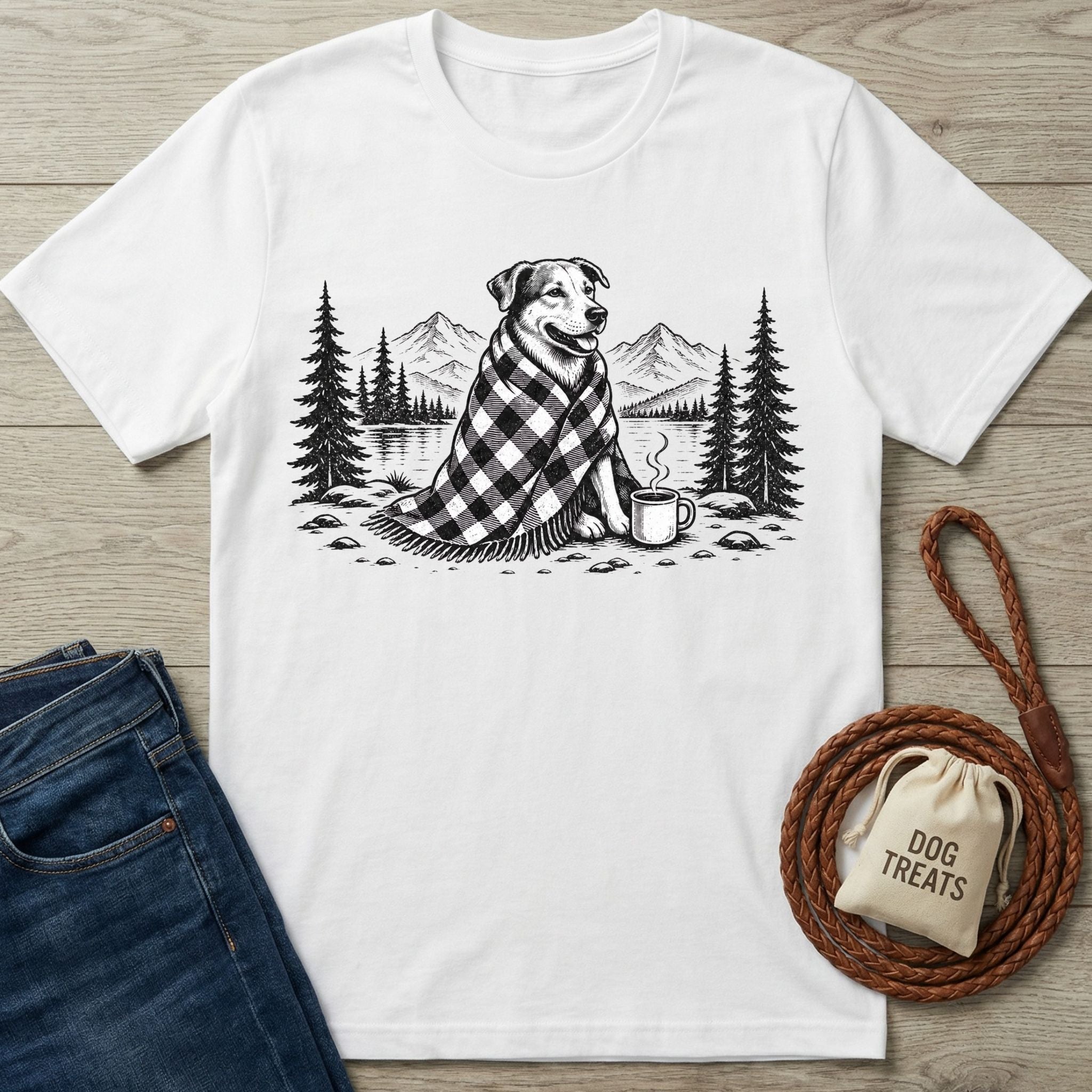 White crew neck t-shirt featuring a black and white graphic of a dog in a plaid blanket by a lake and mountains.