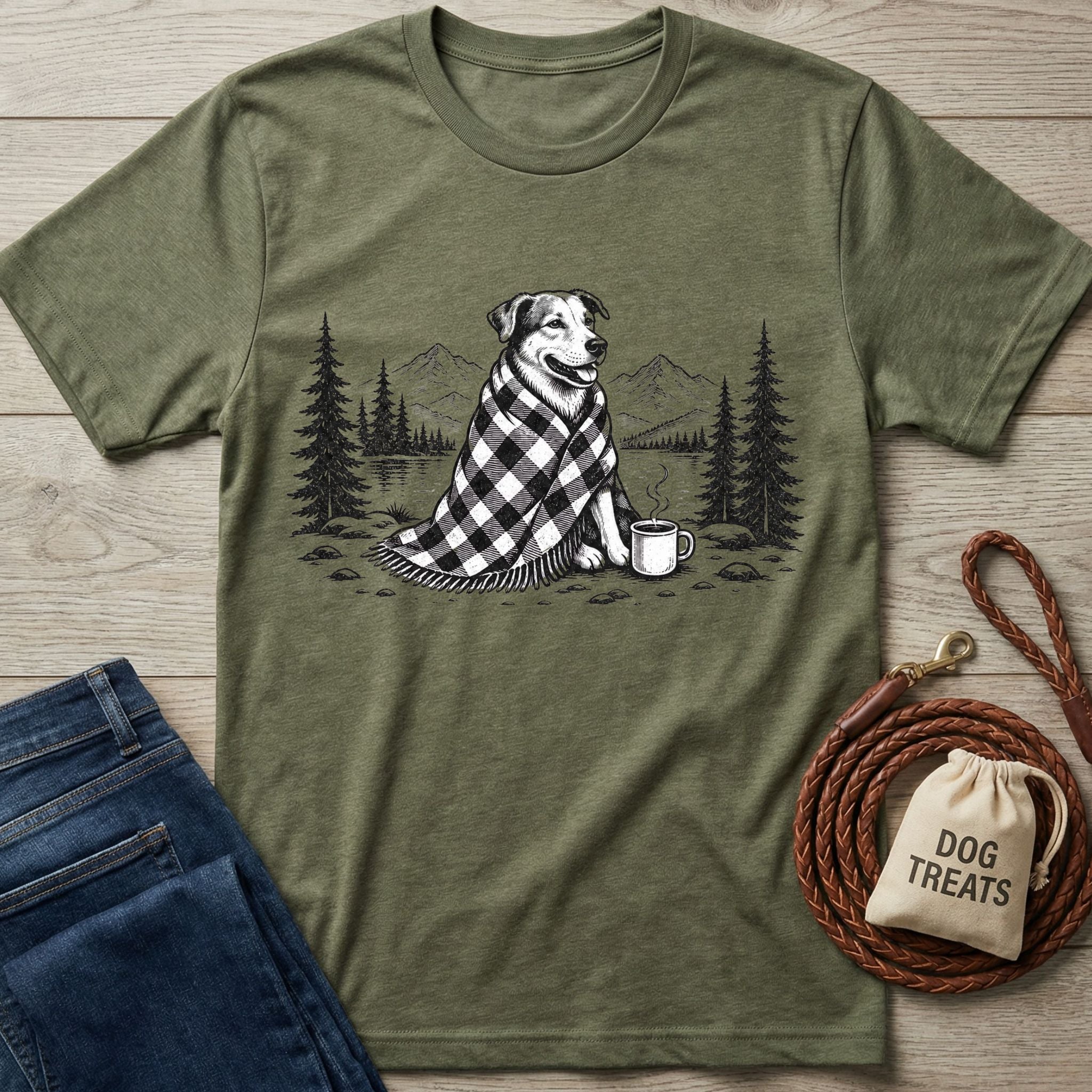 Olive green crewneck t-shirt featuring a graphic of a dog in a plaid blanket with a coffee mug in a mountain forest.