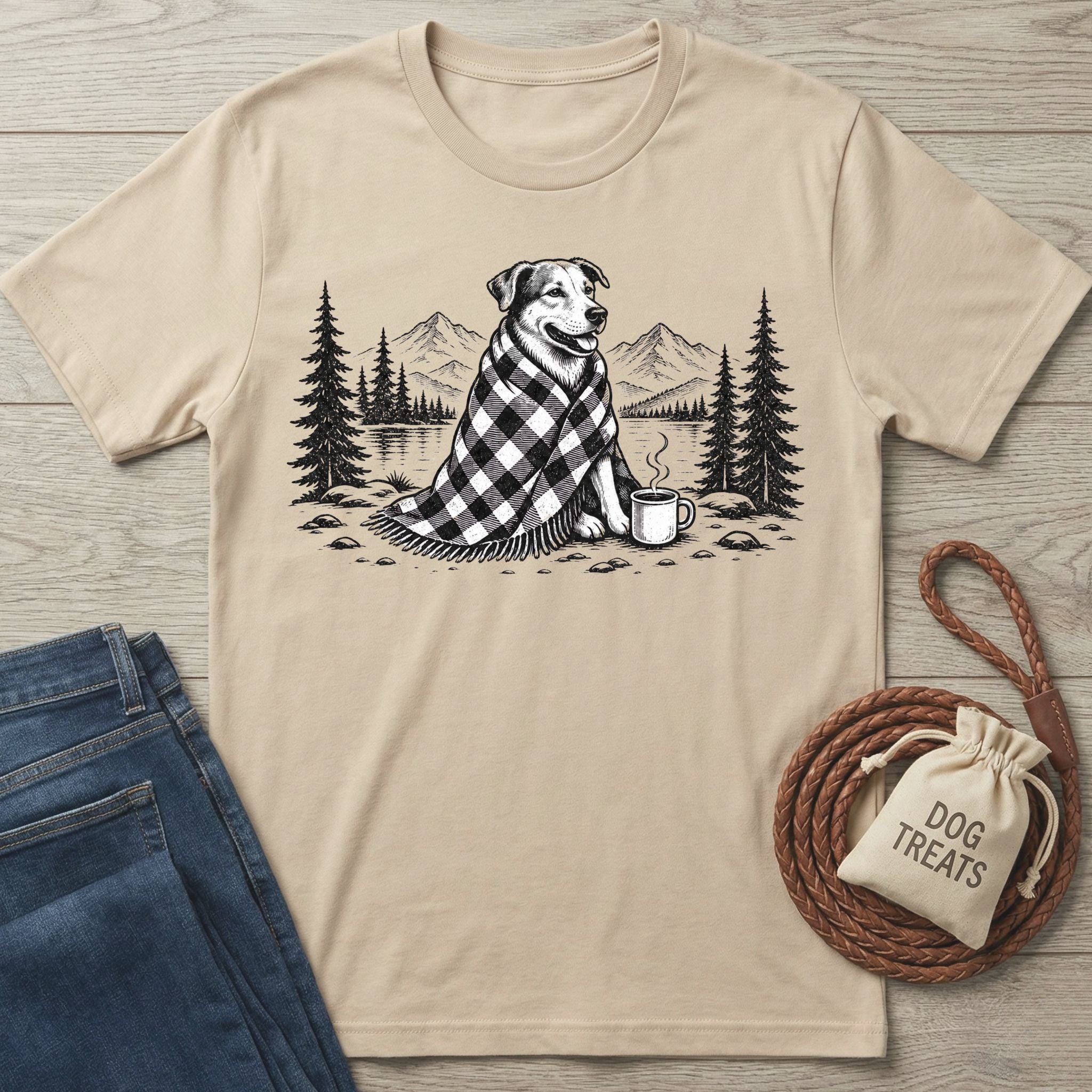 Beige crewneck t-shirt featuring a black and white illustration of a dog in a plaid blanket by a mountain lake.