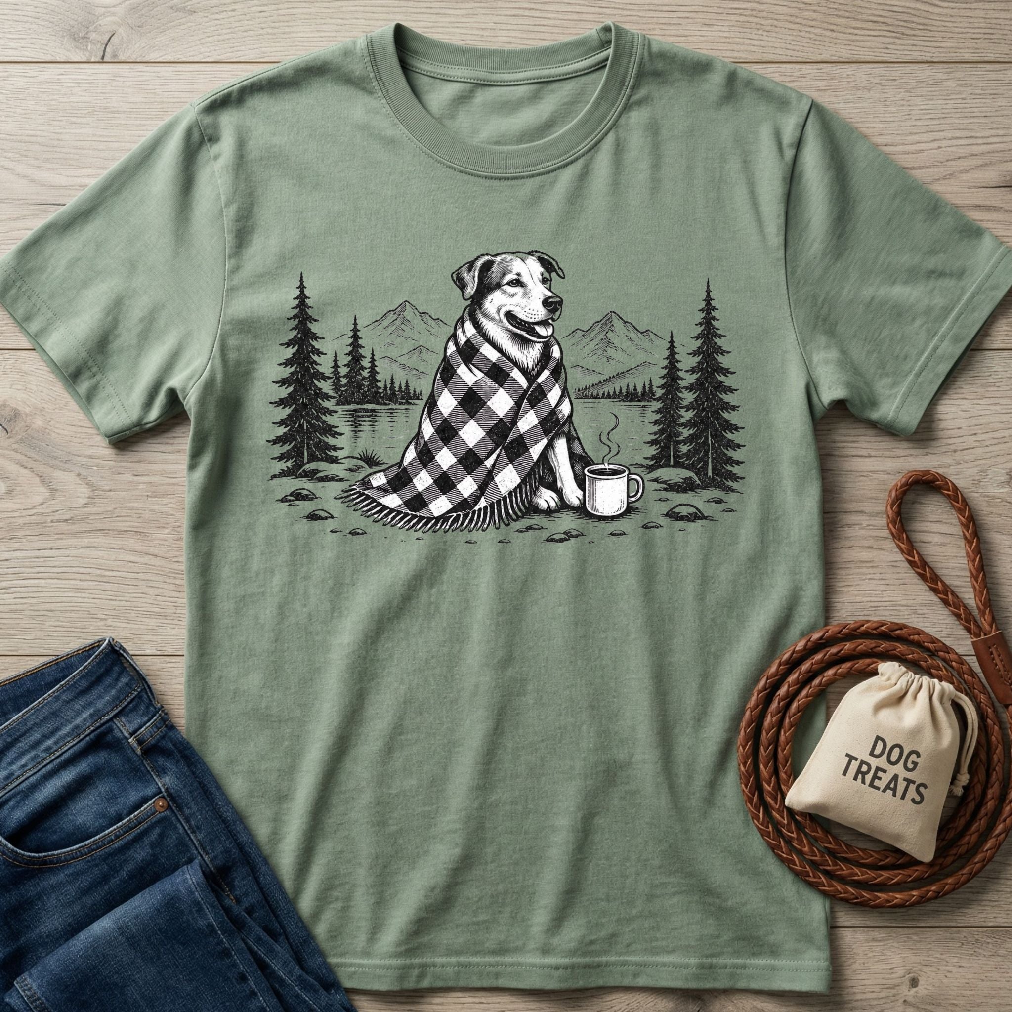 Sage green cotton t-shirt featuring a black and white illustration of a dog wrapped in a plaid blanket by a campfire.
