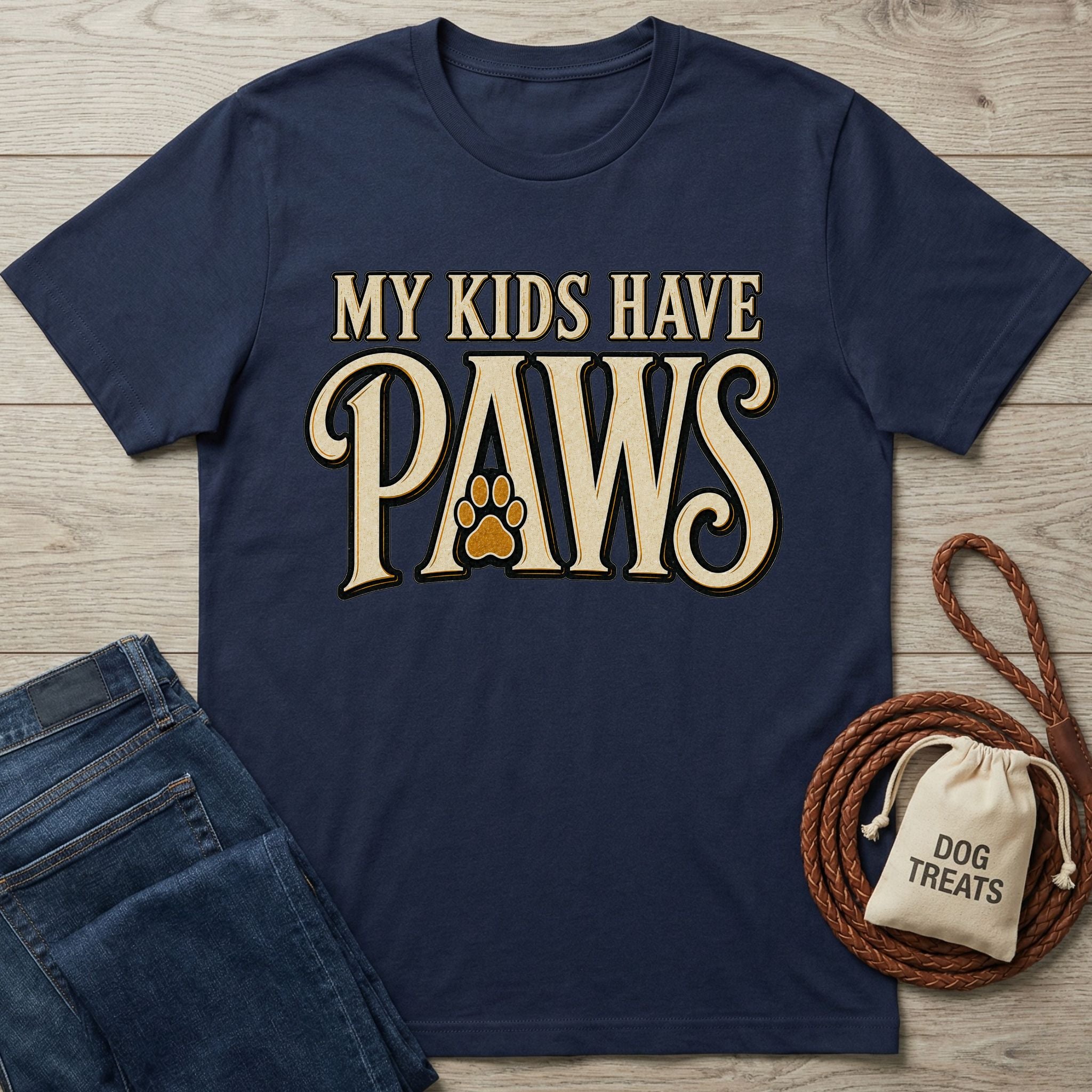 Navy blue crew neck t-shirt with My Kids Have Paws text and a paw print graphic, displayed with jeans and a dog treat bag.