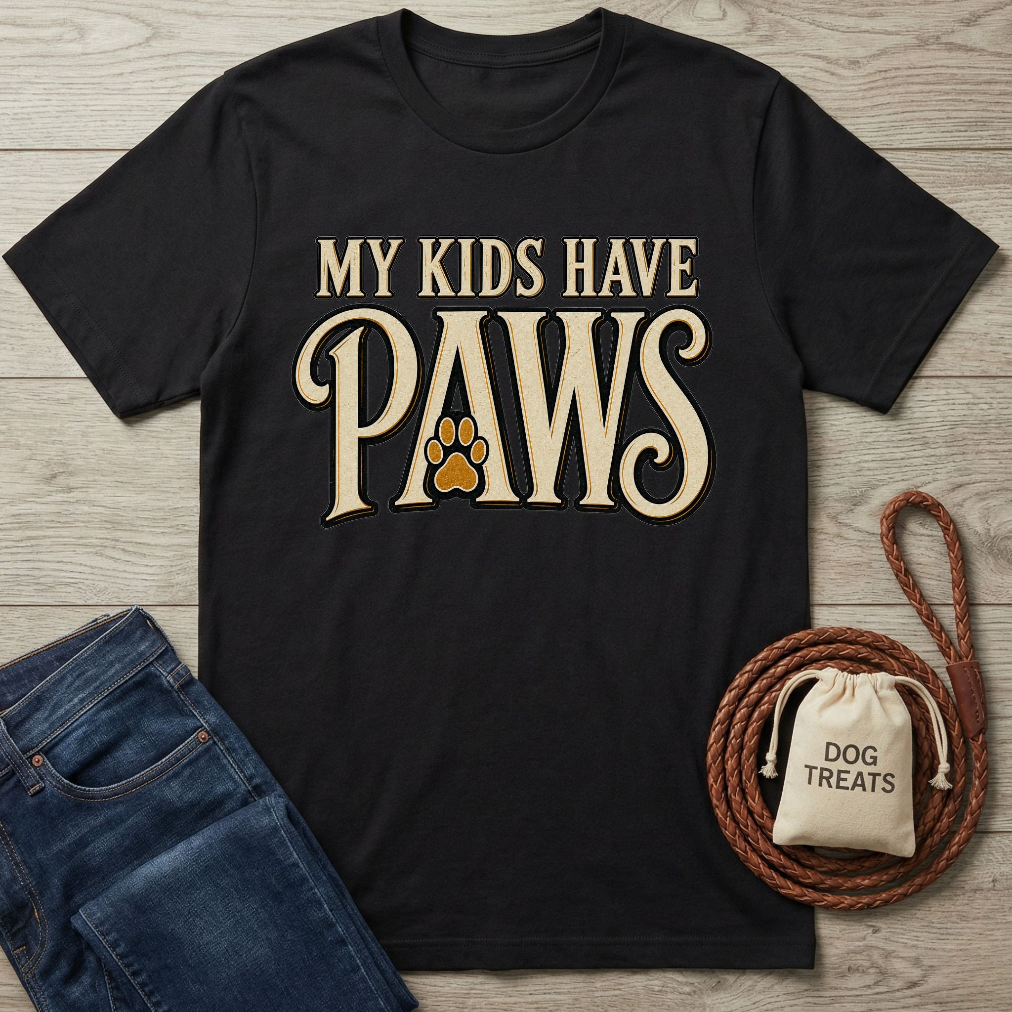 Black crewneck t-shirt featuring the text My Kids Have Paws with a paw print graphic, laid flat with jeans and a dog treat bag.