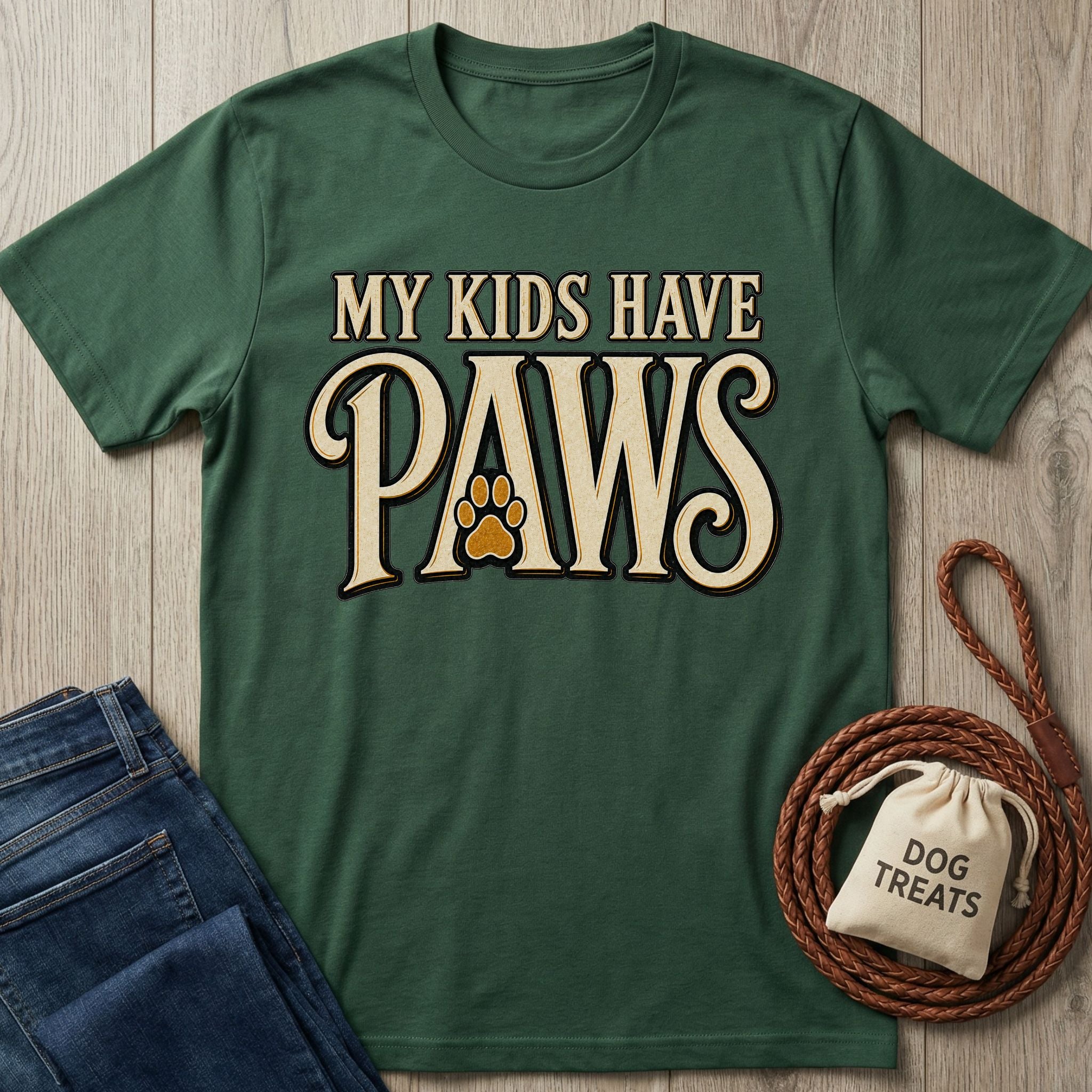 Forest green crewneck t-shirt featuring the text My Kids Have Paws with a paw print graphic on a wooden background.