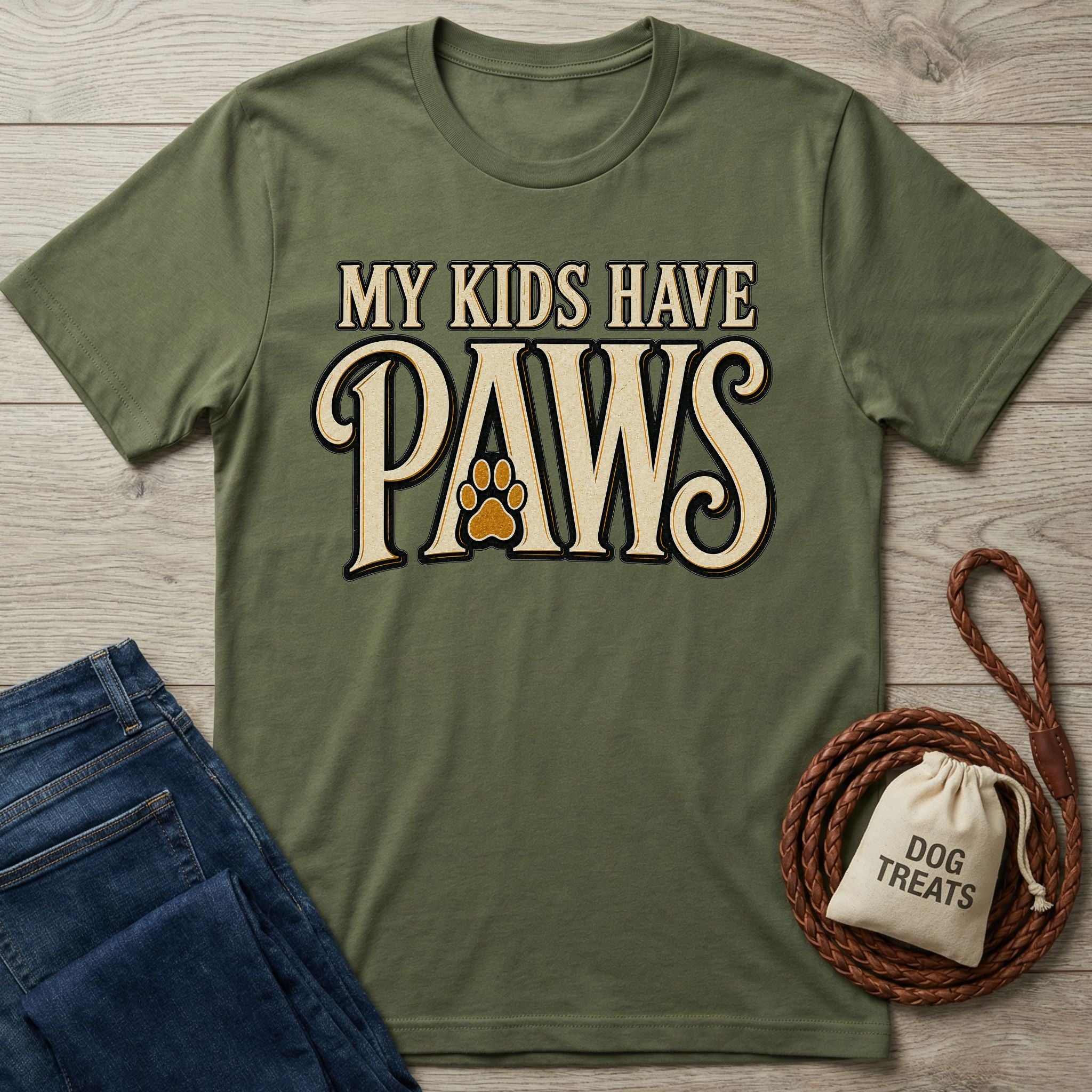 Olive green crewneck t-shirt with My Kids Have Paws text and a paw print graphic, displayed with jeans and a dog treat bag.