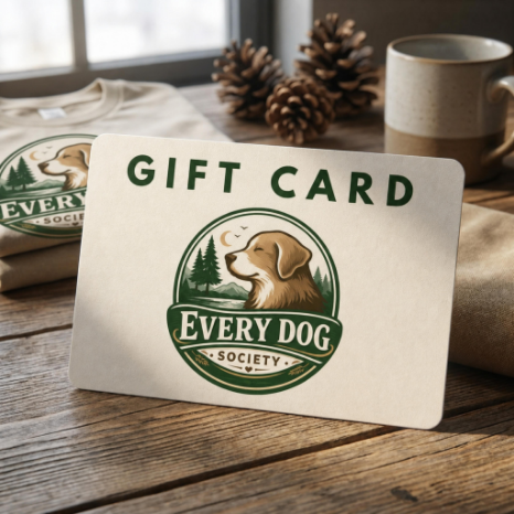 A gift card featuring a circular logo with a golden retriever illustration and the text 'GIFT CARD' and 'EVERY DOG SOCIETY' on a wooden tabletop, with folded matching apparel and pinecones in the background.