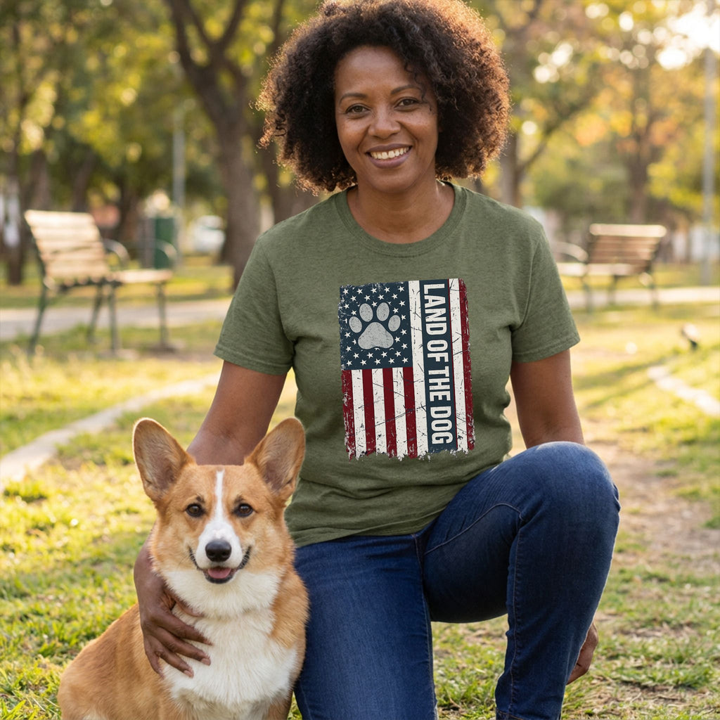 Woman wearing an olive green Land of the Dog t-shirt with a distressed American flag and paw print design, kneeling with a Corgi.