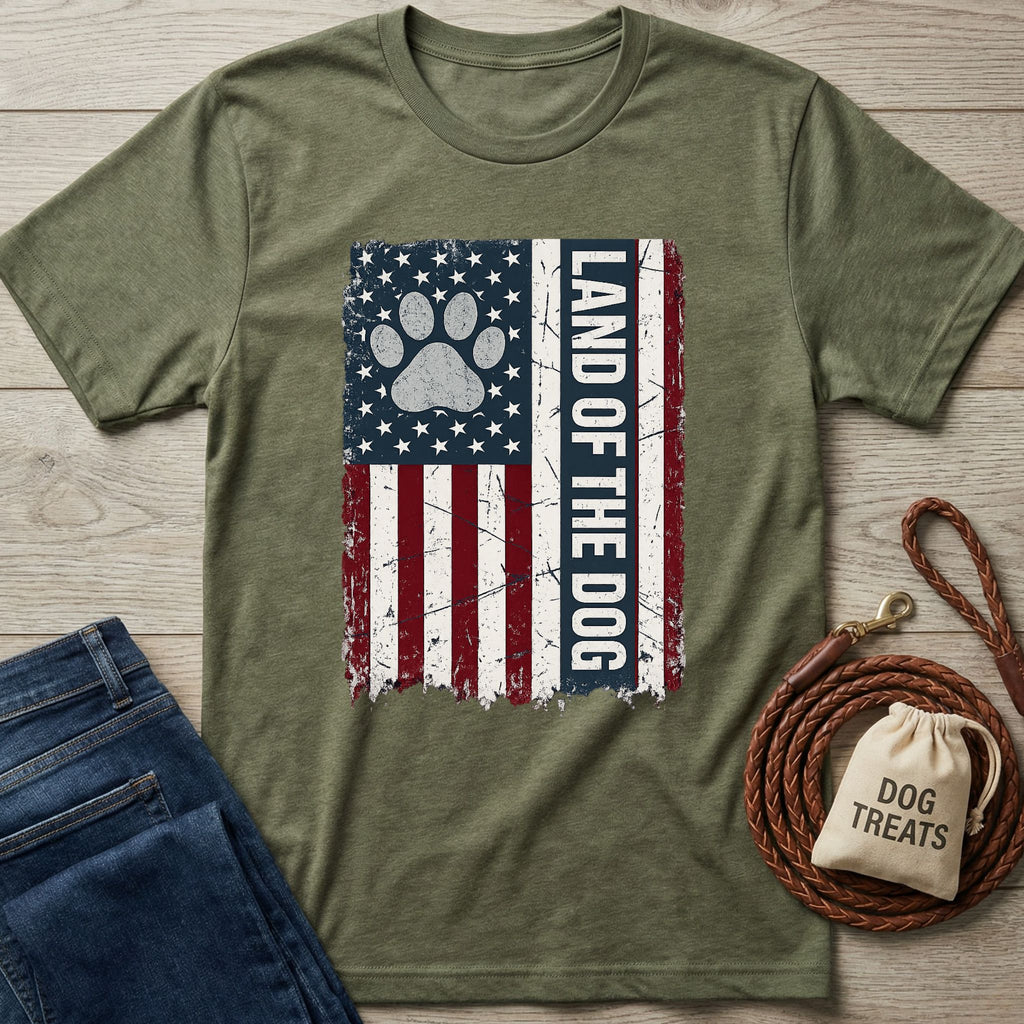 Olive green crew neck t-shirt featuring a distressed American flag design with a paw print and Land of the Dog text.