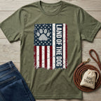 Olive green crew neck t-shirt featuring a distressed American flag design with a paw print and Land of the Dog text.