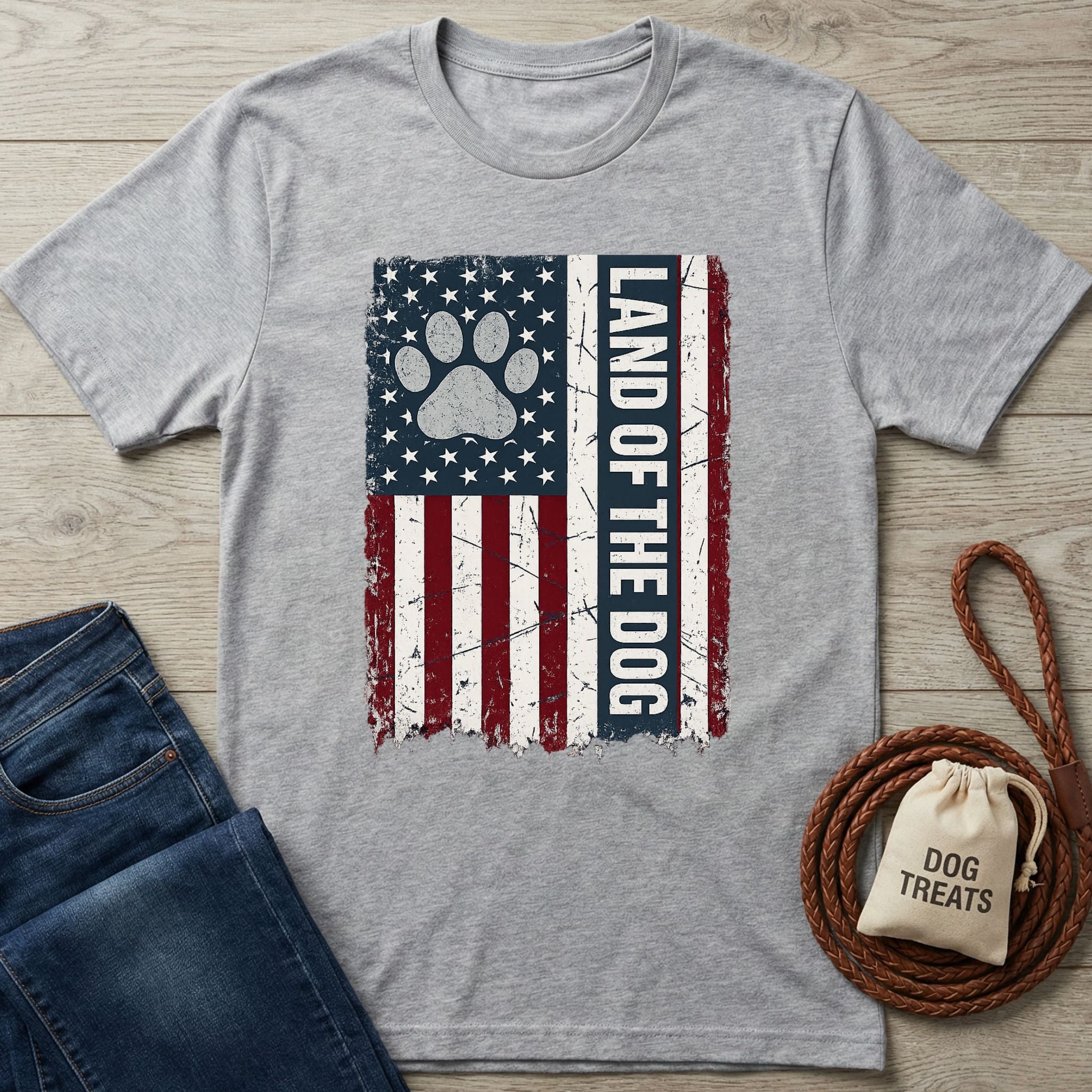 Grey crewneck t-shirt featuring a distressed American flag design with a paw print and the text Land of the Dog.