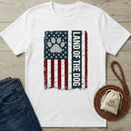 White crewneck t-shirt featuring a distressed American flag design with a paw print and Land of the Dog text.