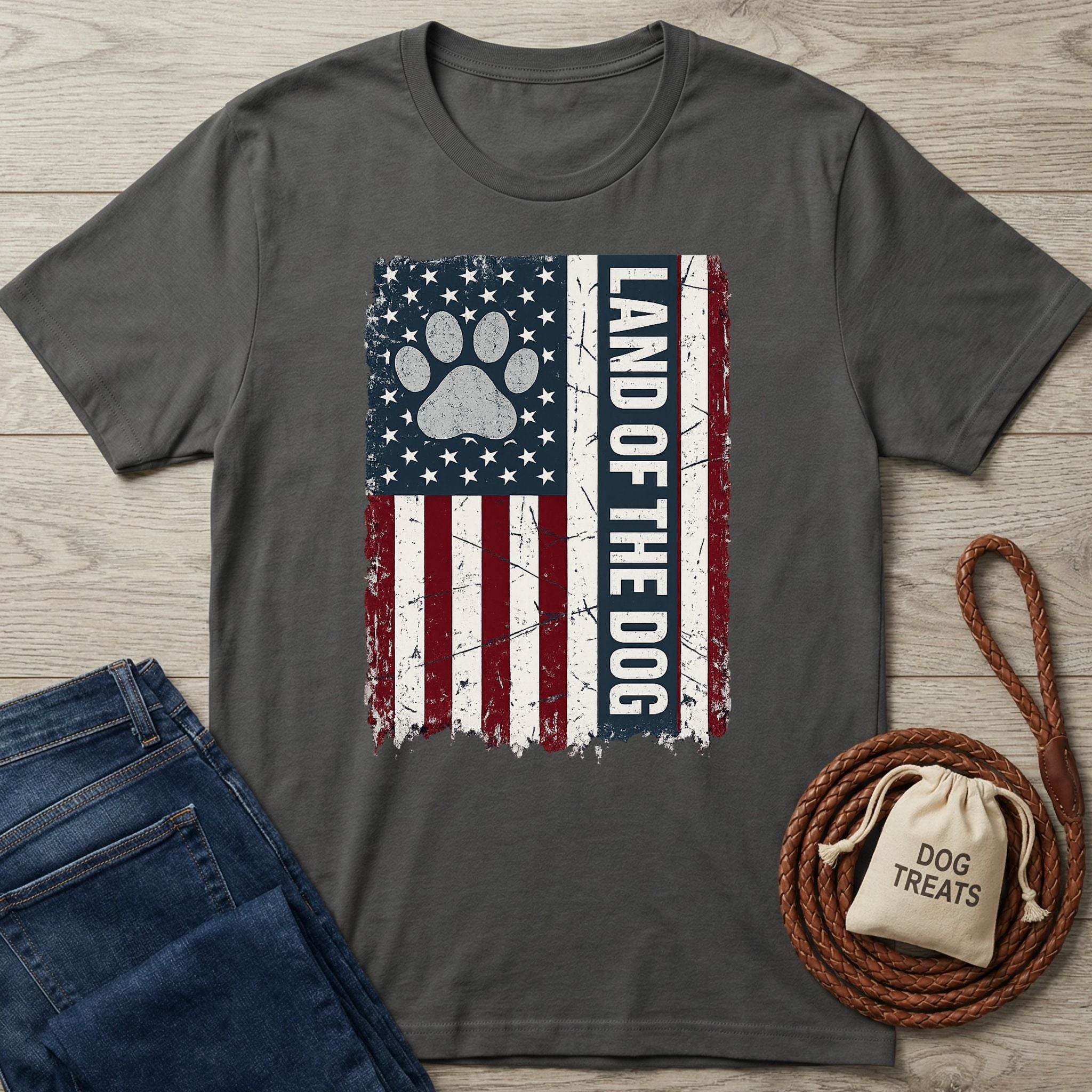 Charcoal gray crewneck t-shirt featuring a distressed American flag design with a dog paw print and Land of the Dog text.