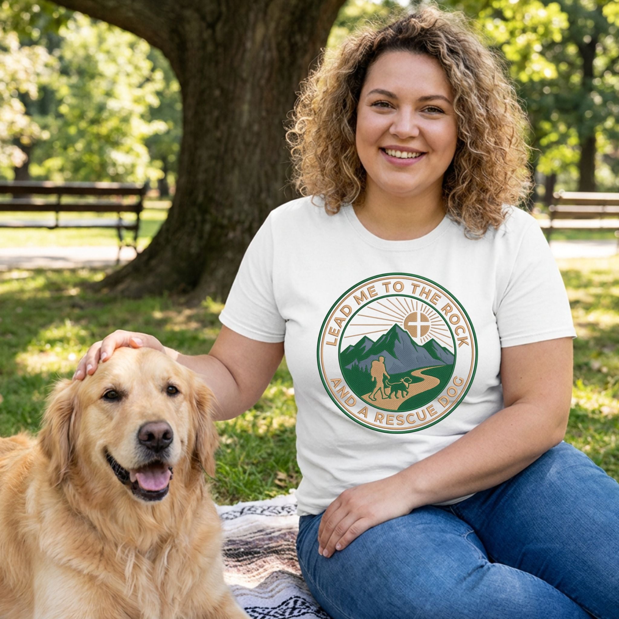 Woman in a white Gildan Softstyle® tee with "Lead Me To The Rock And A Rescue Dog" graphic, petting a golden retriever.