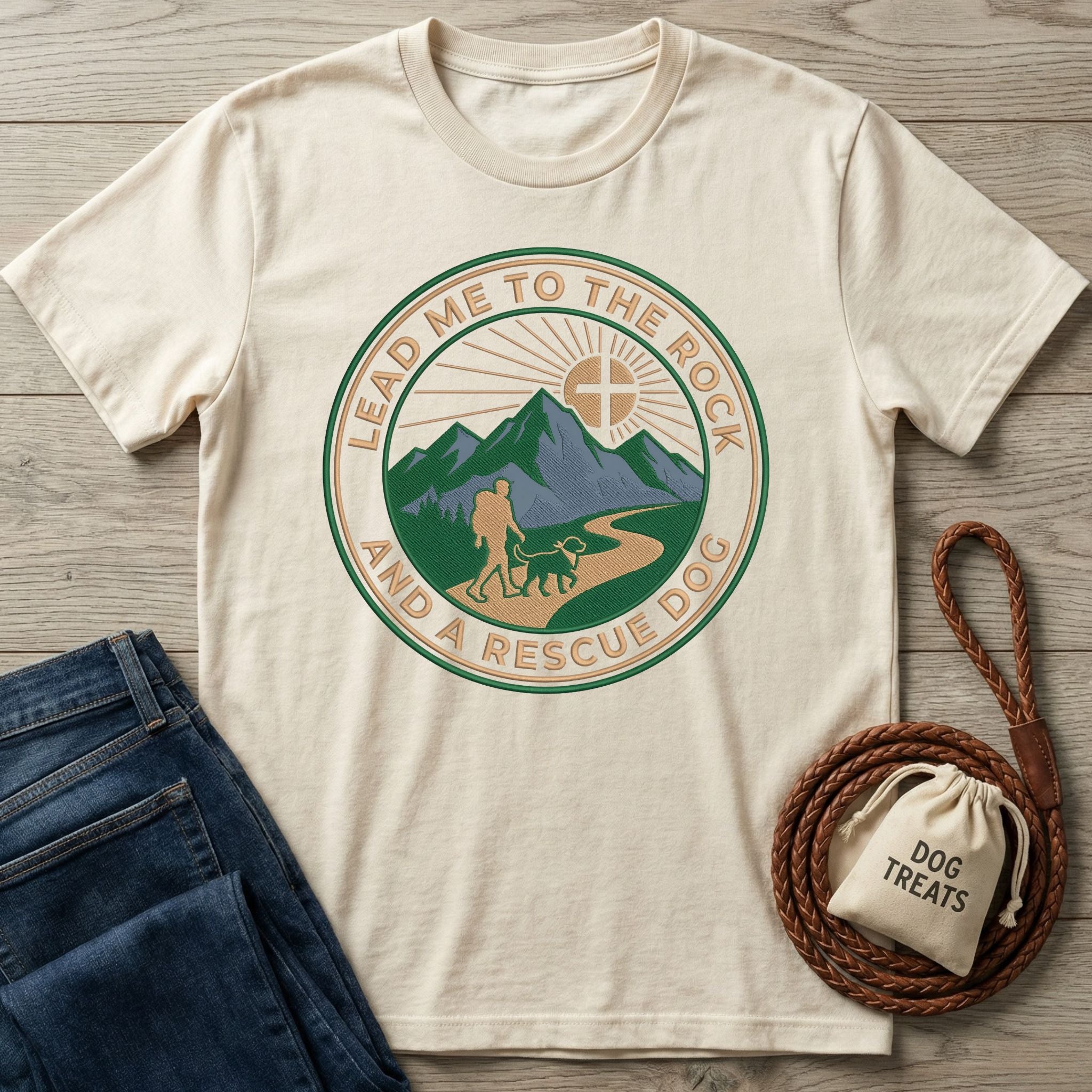 Cream Gildan Softstyle® t-shirt with "Lead Me To The Rock And A Rescue Dog" graphic, jeans, and dog treats bag.