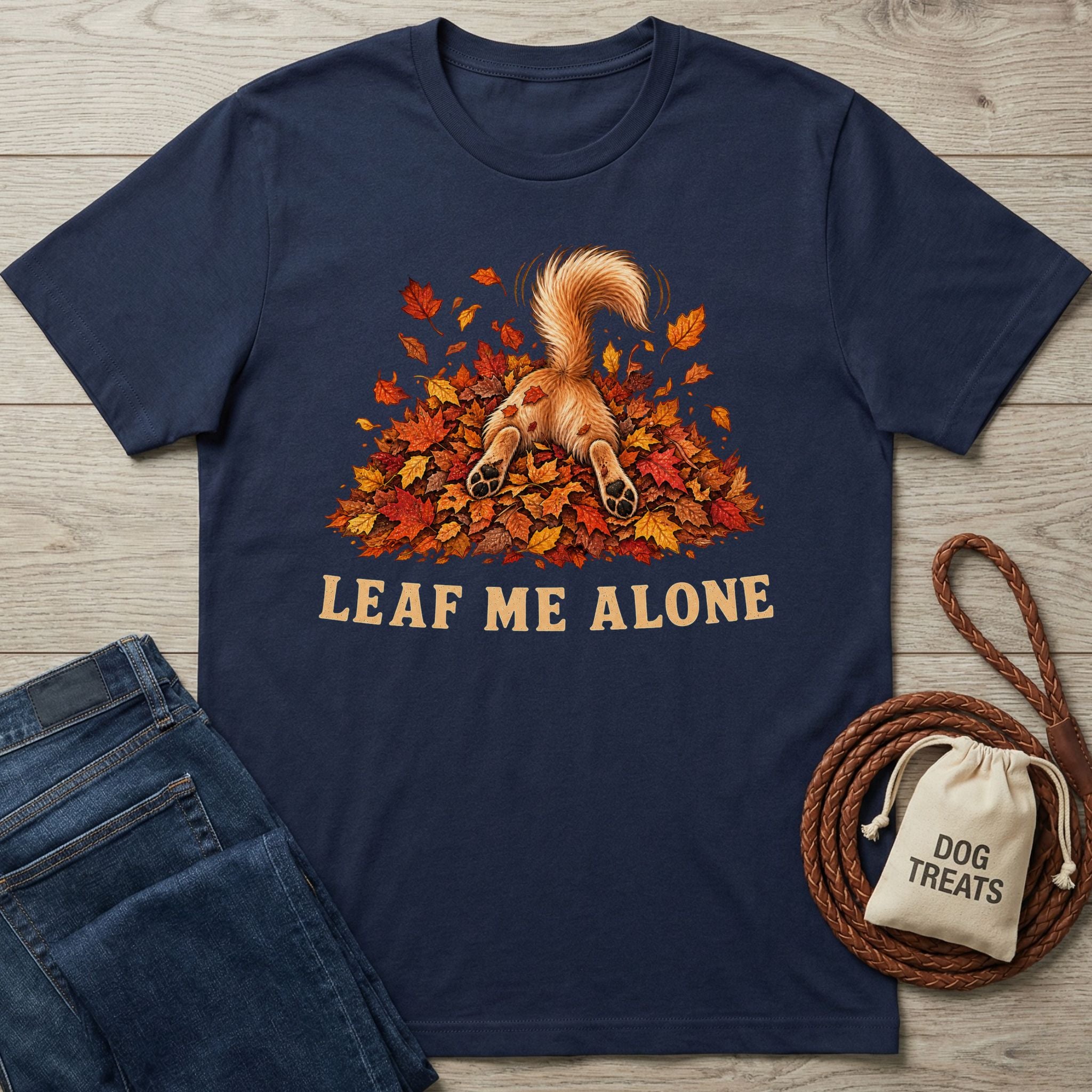 Navy blue cotton t-shirt featuring a golden dog diving into autumn leaves with the text Leaf Me Alone.