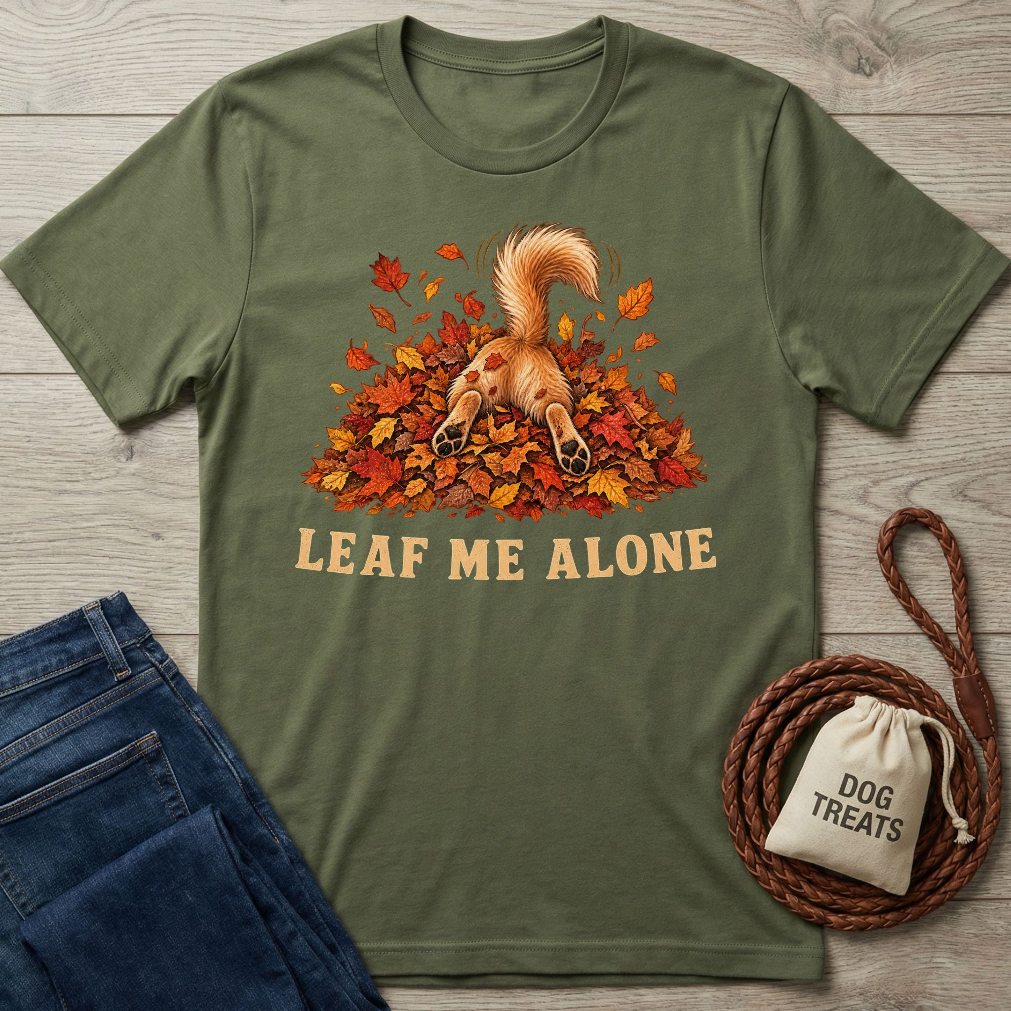 Olive green crewneck t-shirt featuring a dog diving into autumn leaves with the text Leaf Me Alone printed below.