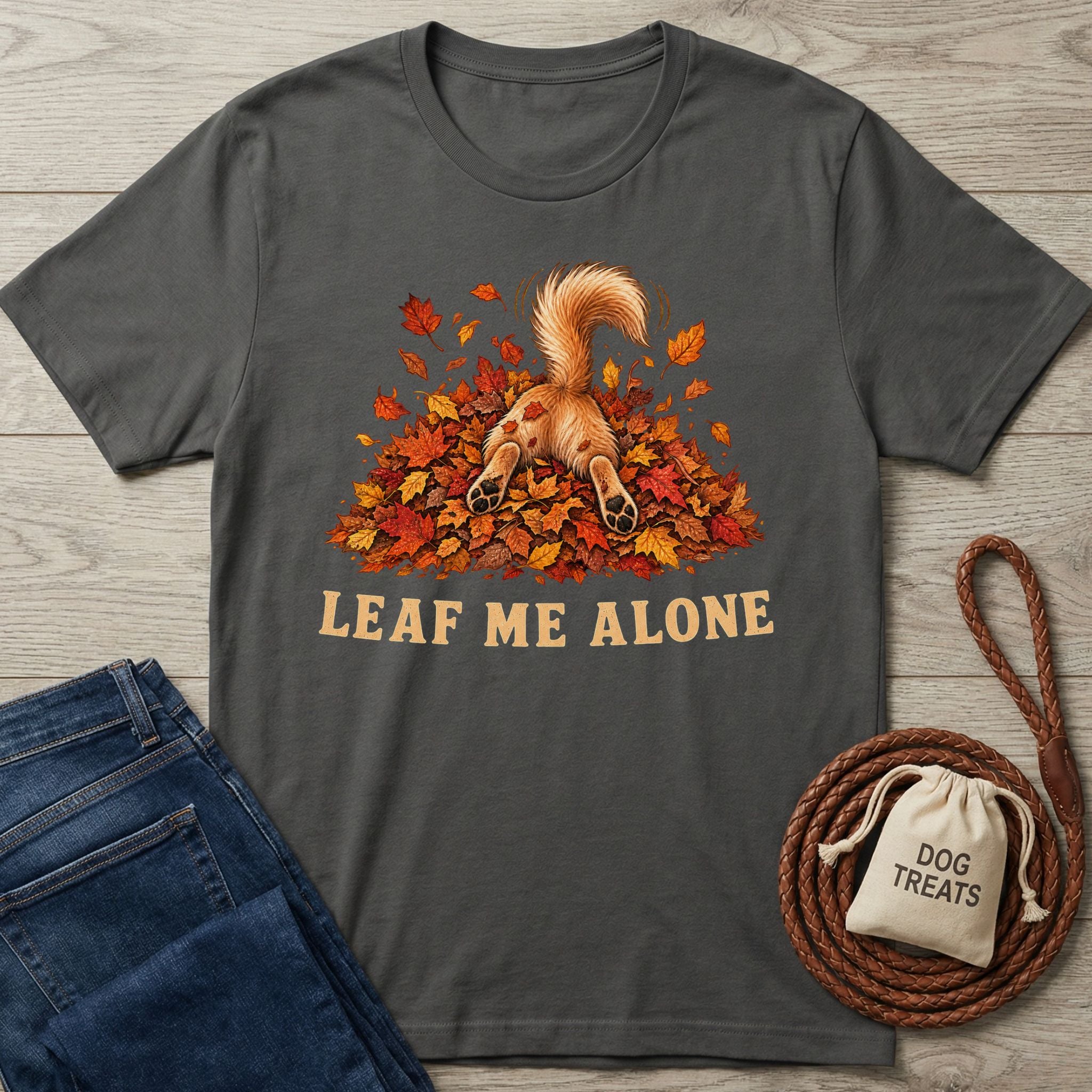 Charcoal grey cotton t-shirt featuring a golden dog diving into autumn leaves with the text Leaf Me Alone printed below.