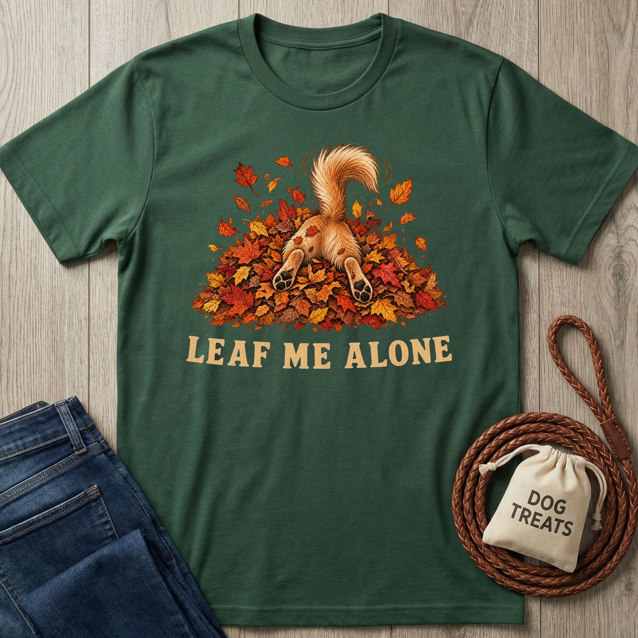 Forest green cotton t-shirt featuring a golden dog diving into autumn leaves with the text Leaf Me Alone printed below.