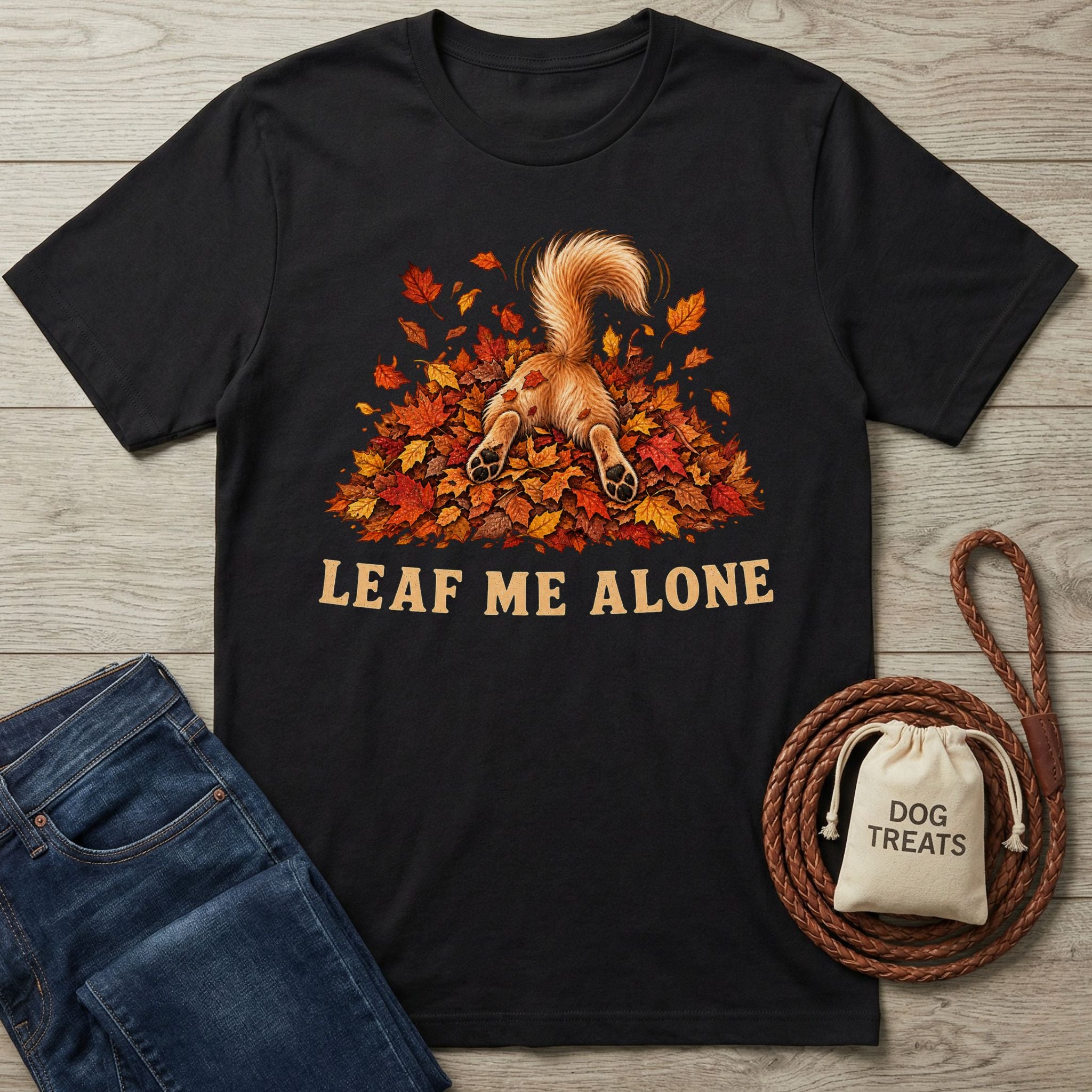 Black crewneck t-shirt featuring a golden dog diving into autumn leaves with the text Leaf Me Alone printed below.