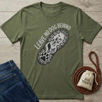 Olive green Gildan Softstyle® t-shirt with "Leave No Dog Behind" and a hiking boot sole graphic.
