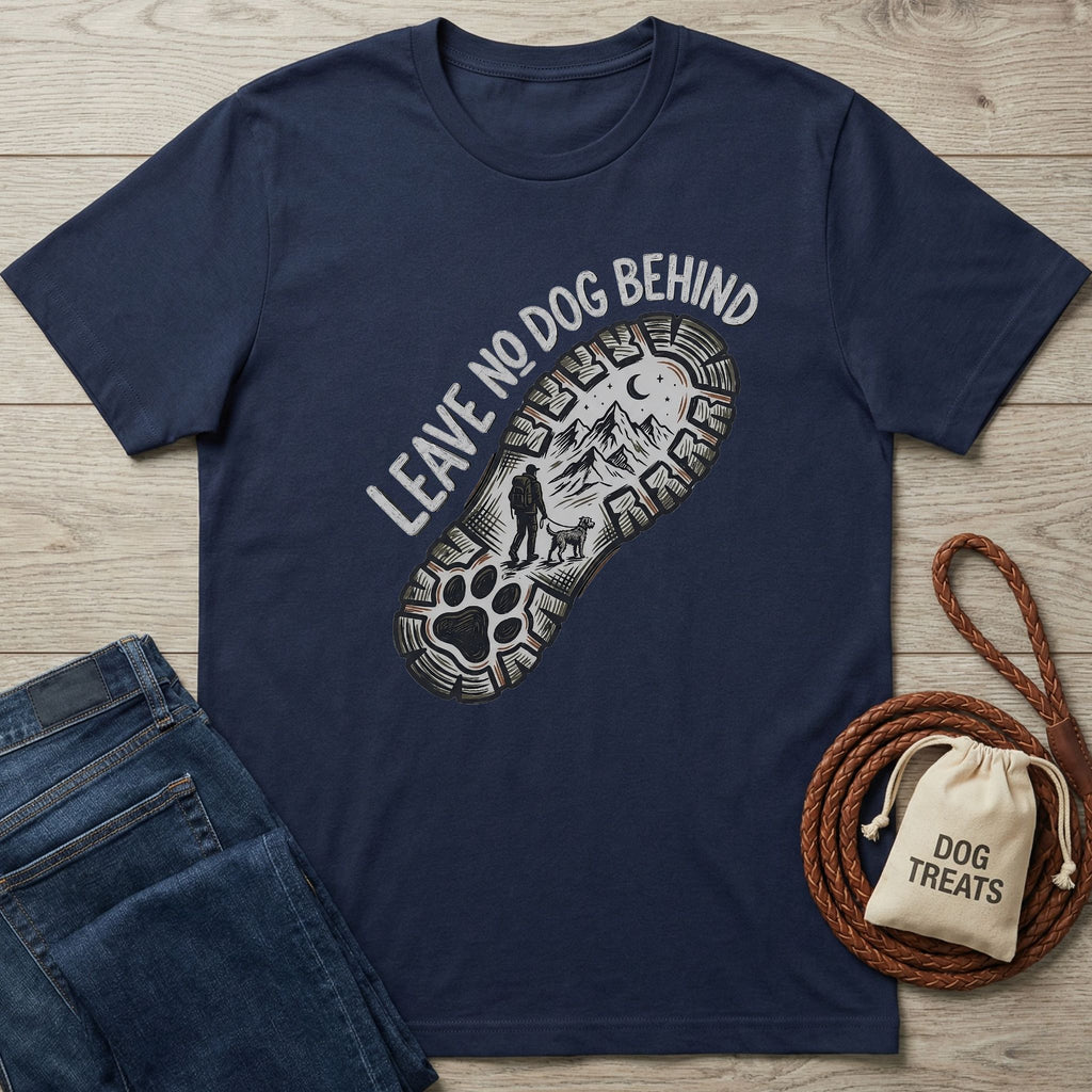 Navy Gildan Softstyle® t-shirt with "Leave No Dog Behind" and a hiking boot print featuring a person and dog.