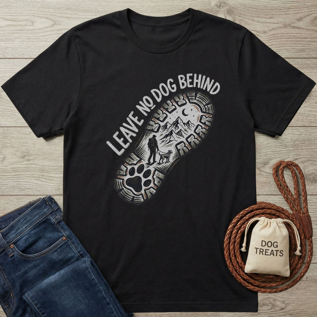 Black Gildan Softstyle t-shirt with "Leave No Dog Behind" graphic of a boot print, hiker, and dog.