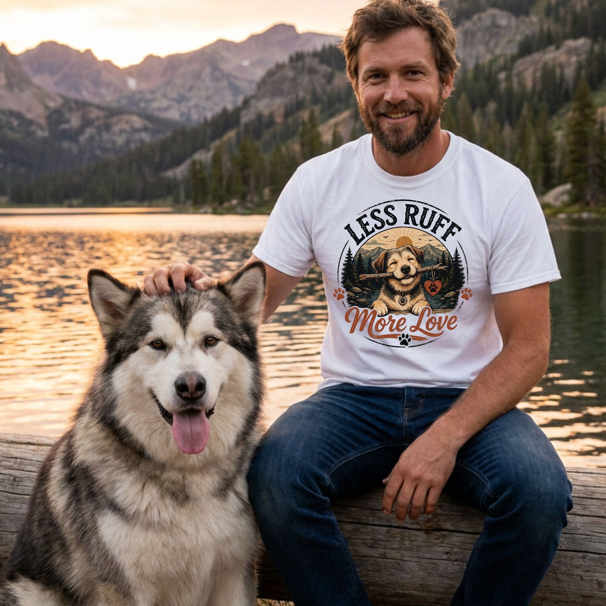 Man wearing a white graphic t-shirt with a dog illustration and Less Ruff More Love text, sitting by a mountain lake.