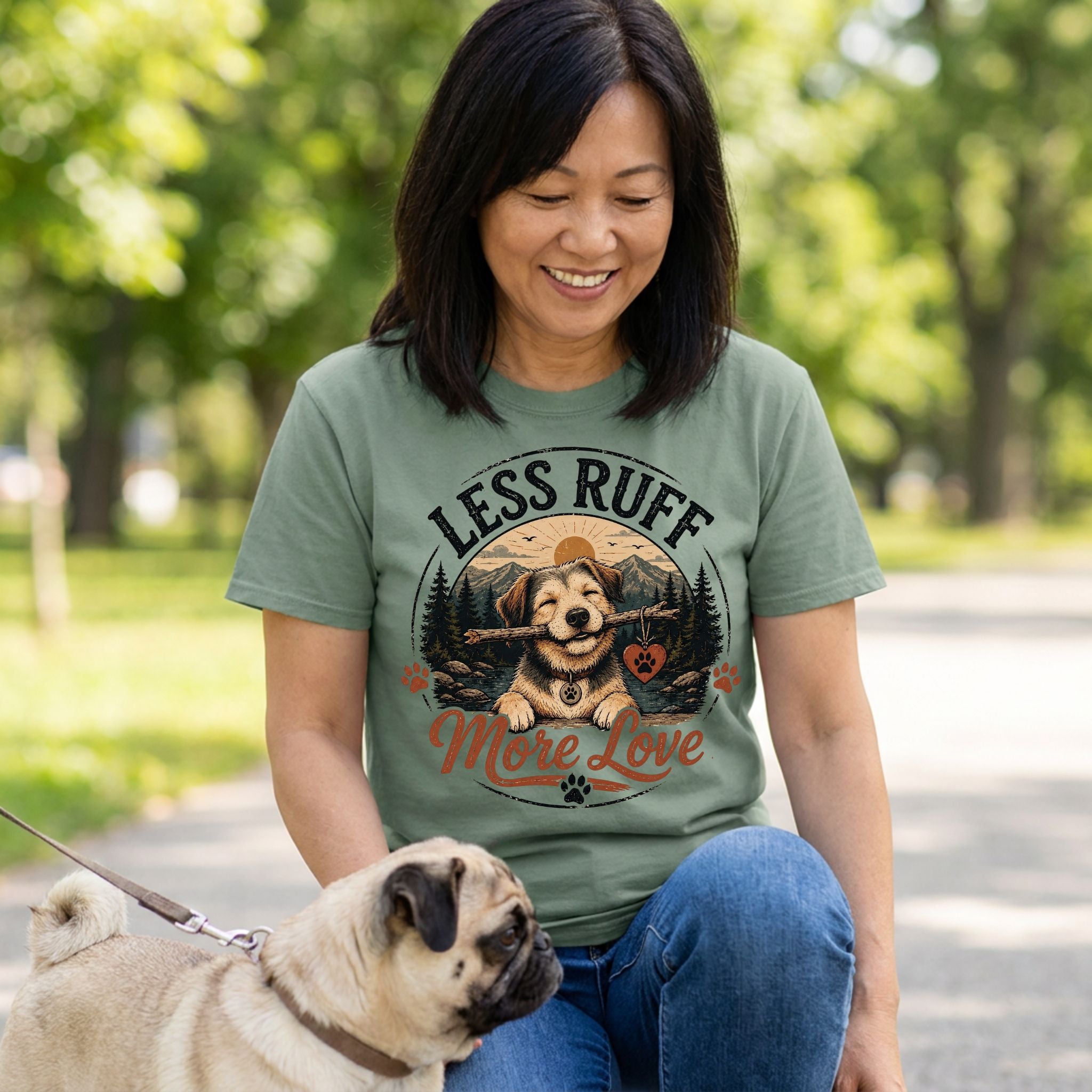 Woman wearing a sage green crewneck t-shirt featuring a graphic of a happy dog holding a stick with the text Less Ruff More Love.