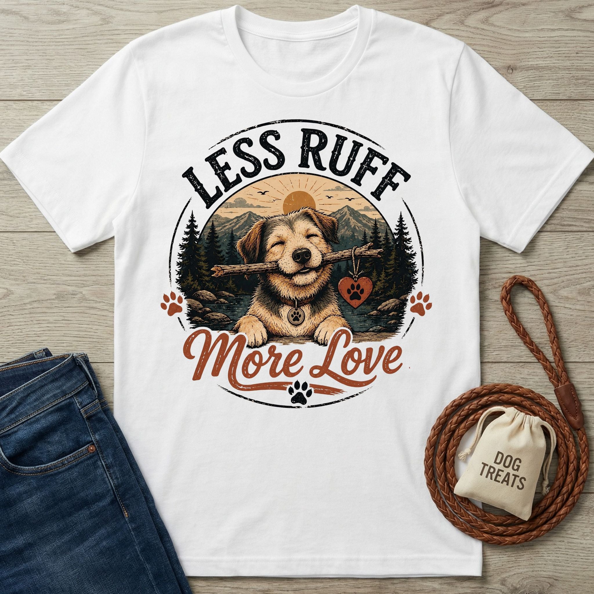 White cotton t-shirt featuring a happy dog holding a stick with a heart tag and the text Less Ruff More Love.