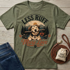 Olive green crewneck t-shirt featuring a happy dog with a stick and the text Less Ruff More Love in a circular graphic.