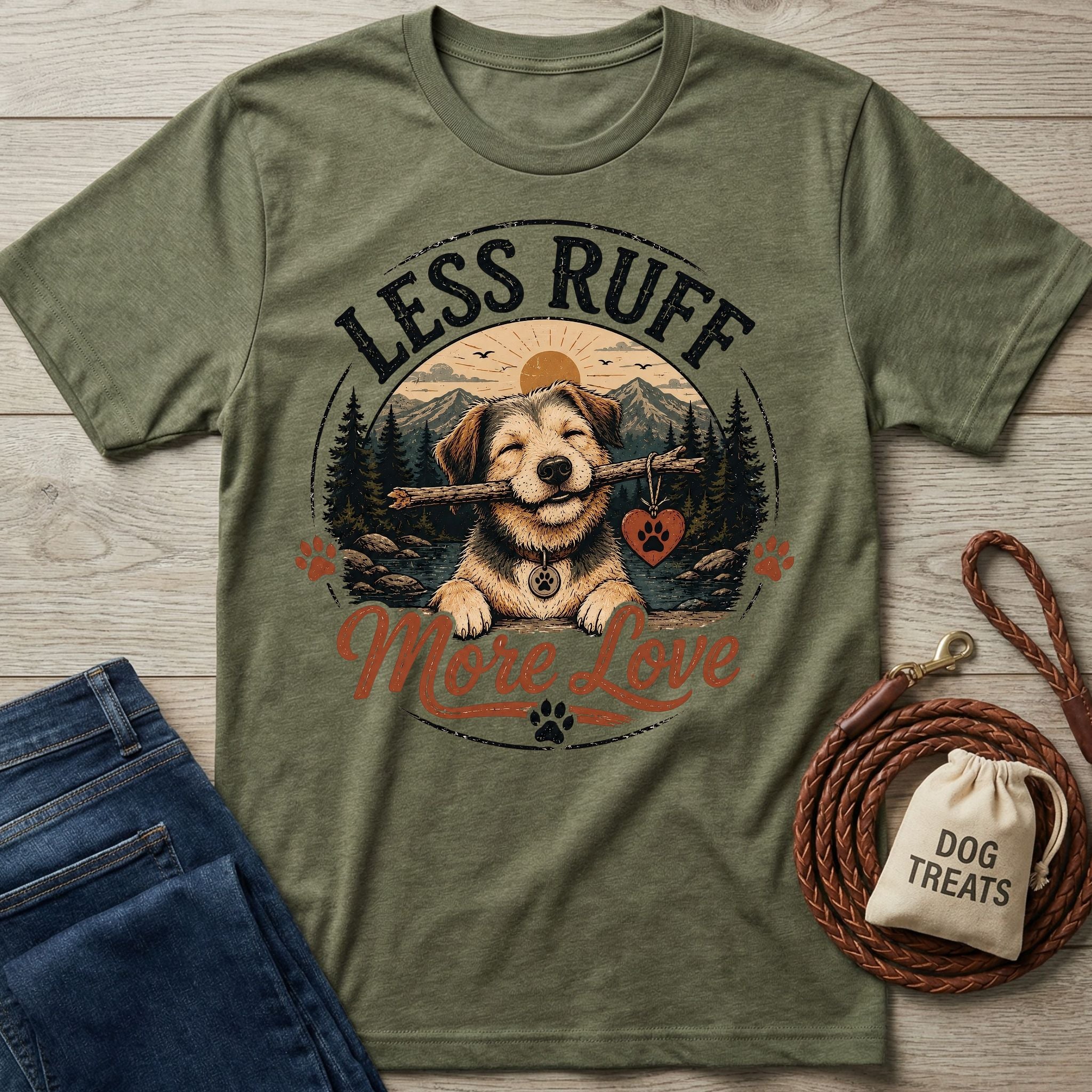 Olive green crewneck t-shirt featuring a happy dog with a stick and the text Less Ruff More Love in a circular graphic.