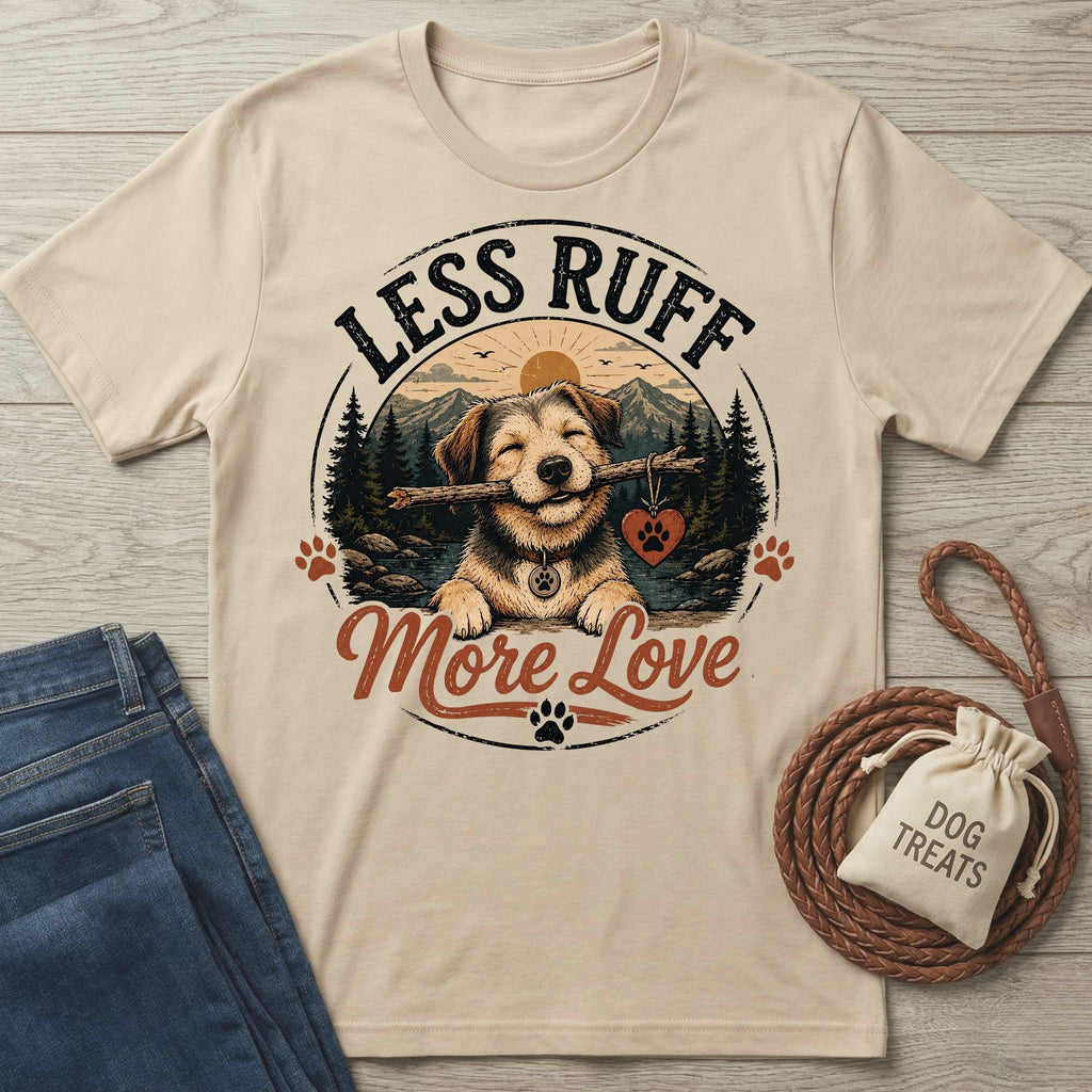Beige cotton t-shirt featuring a happy dog with a stick and heart tag, mountain landscape graphic, and Less Ruff More Love text.
