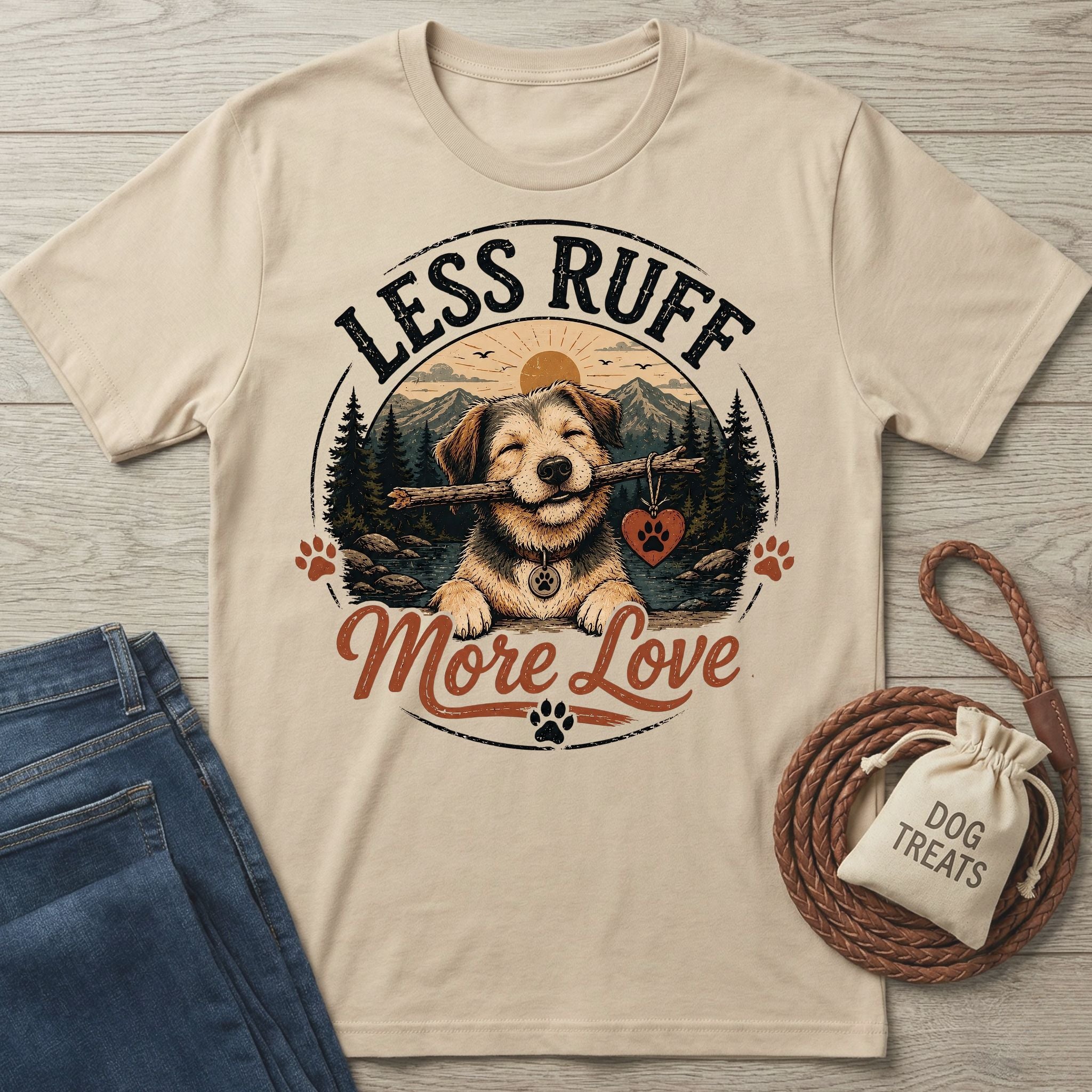 Beige cotton t-shirt featuring a happy dog with a stick and heart tag, mountain landscape graphic, and Less Ruff More Love text.
