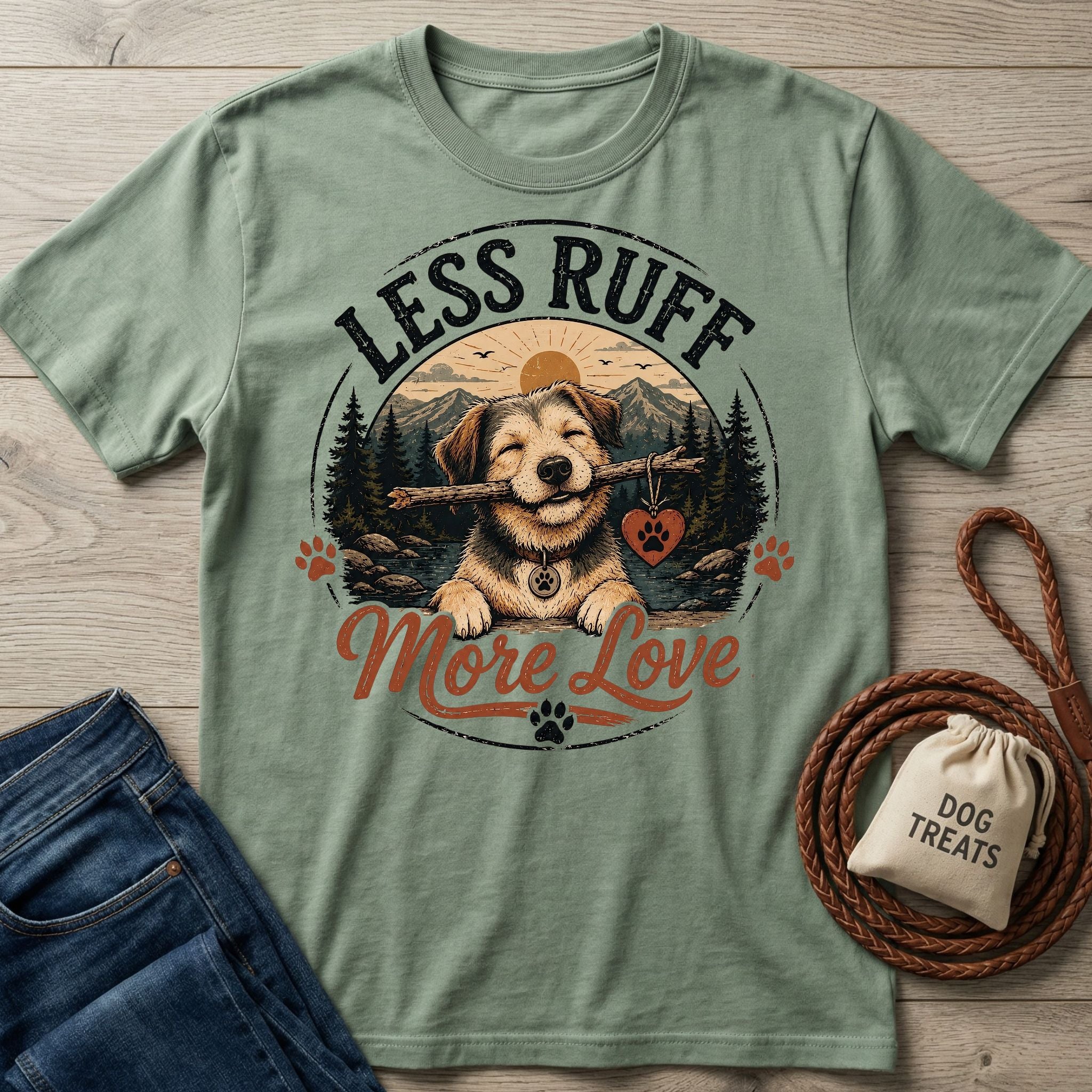 Sage green cotton t-shirt featuring a happy dog with a stick and heart tag graphic with the text Less Ruff More Love.